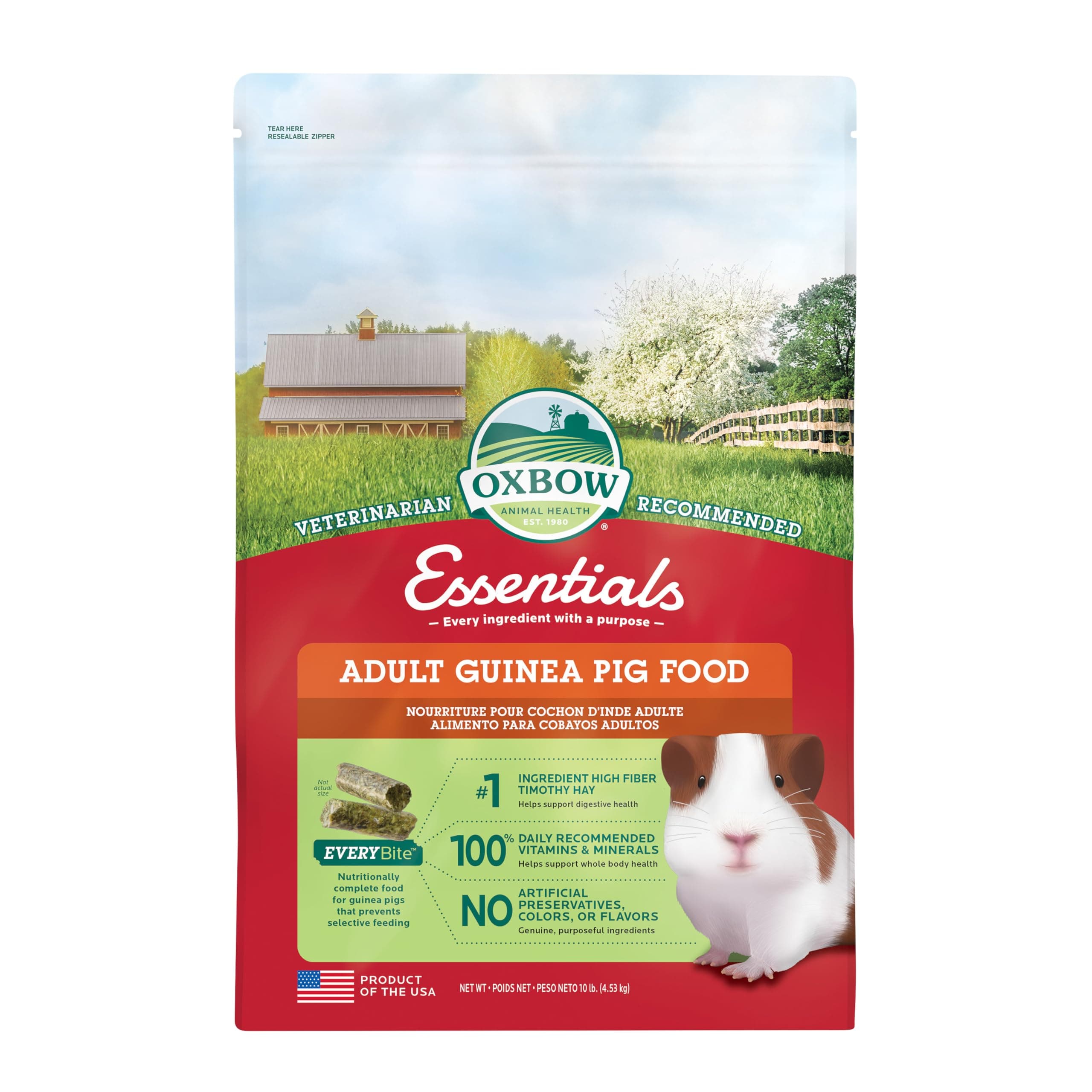 Oxbow Essentials Guinea Pig Food, Adult Guinea Pig, Made with Oxbow Timothy Hay, Pet Food Pellets with Vitamin C, Small Animal Pet Products, Made in USA, High Fiber, 10 lb. bag