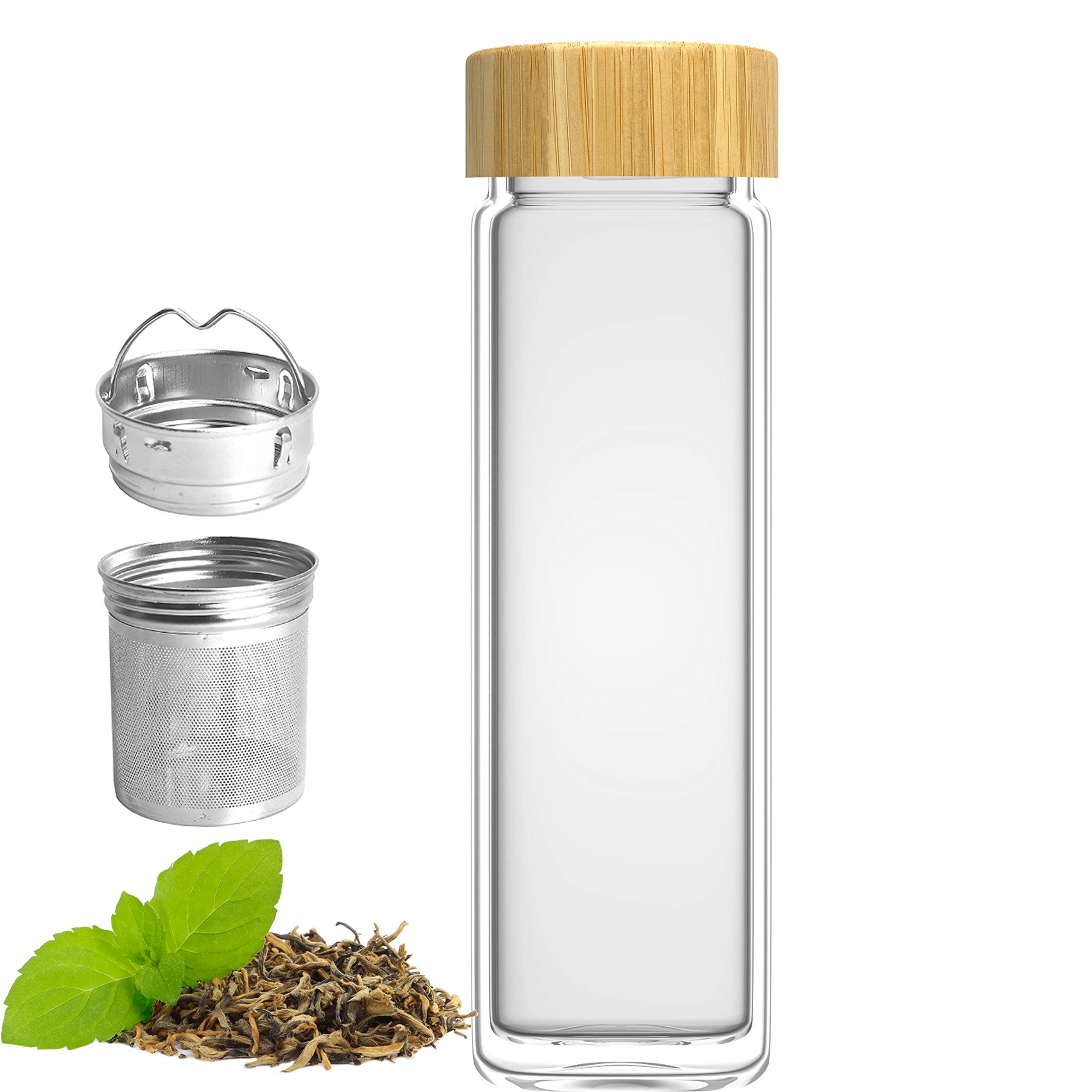 amapodo Teapot Glass Tea Infuser Bottle with Strainer - Drinking Bottle for Tea, Gift, Tea Mug, Tea Maker To go Bamboo 400ml