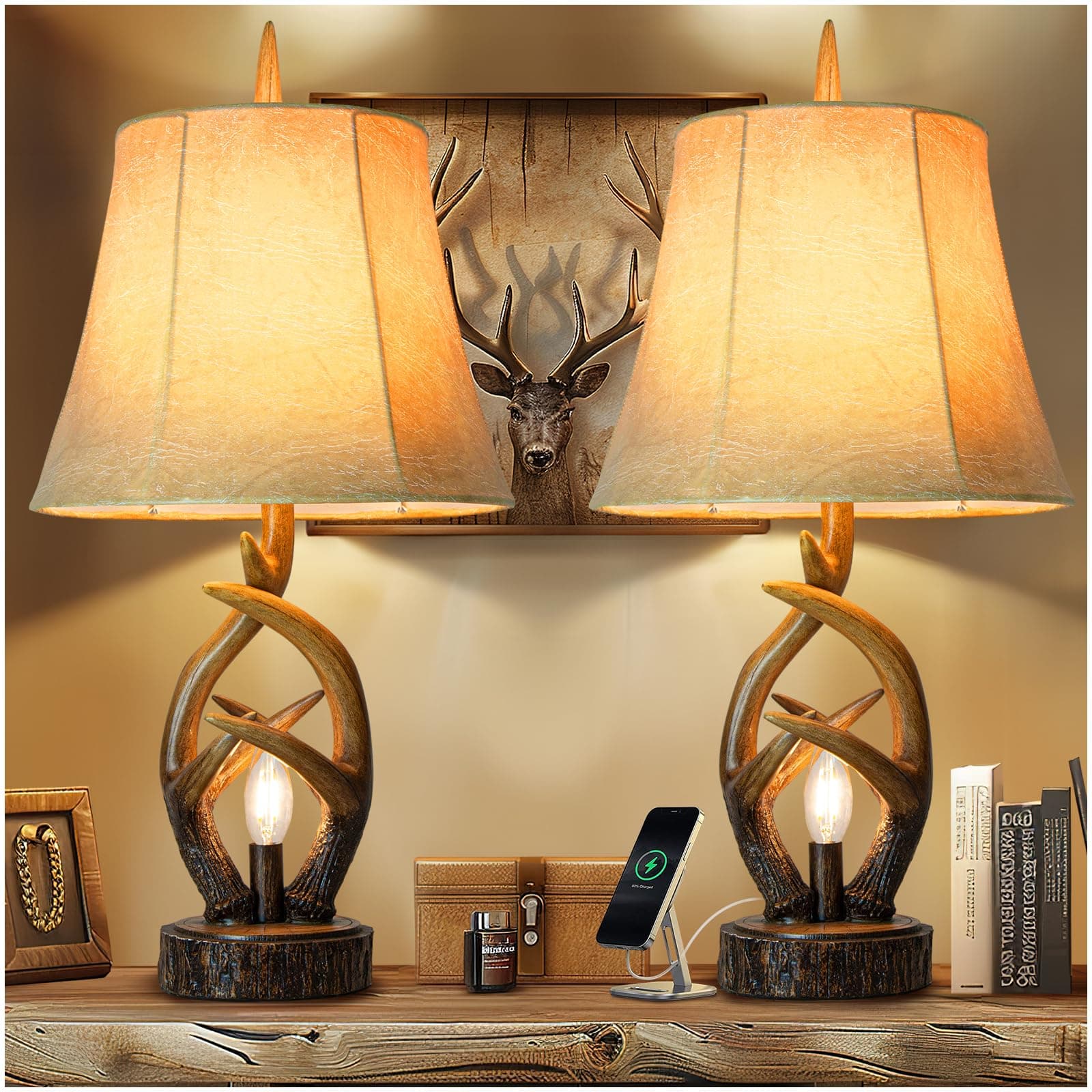 - Rustic Farmhouse Antlers Bedside Table Lamp Set of 2 with Nightlight Dual USB Ports Leather Soft Bell Shade Brown Finish nightstand Lamp Decor for Living Room Bedroom Office House Hotel
