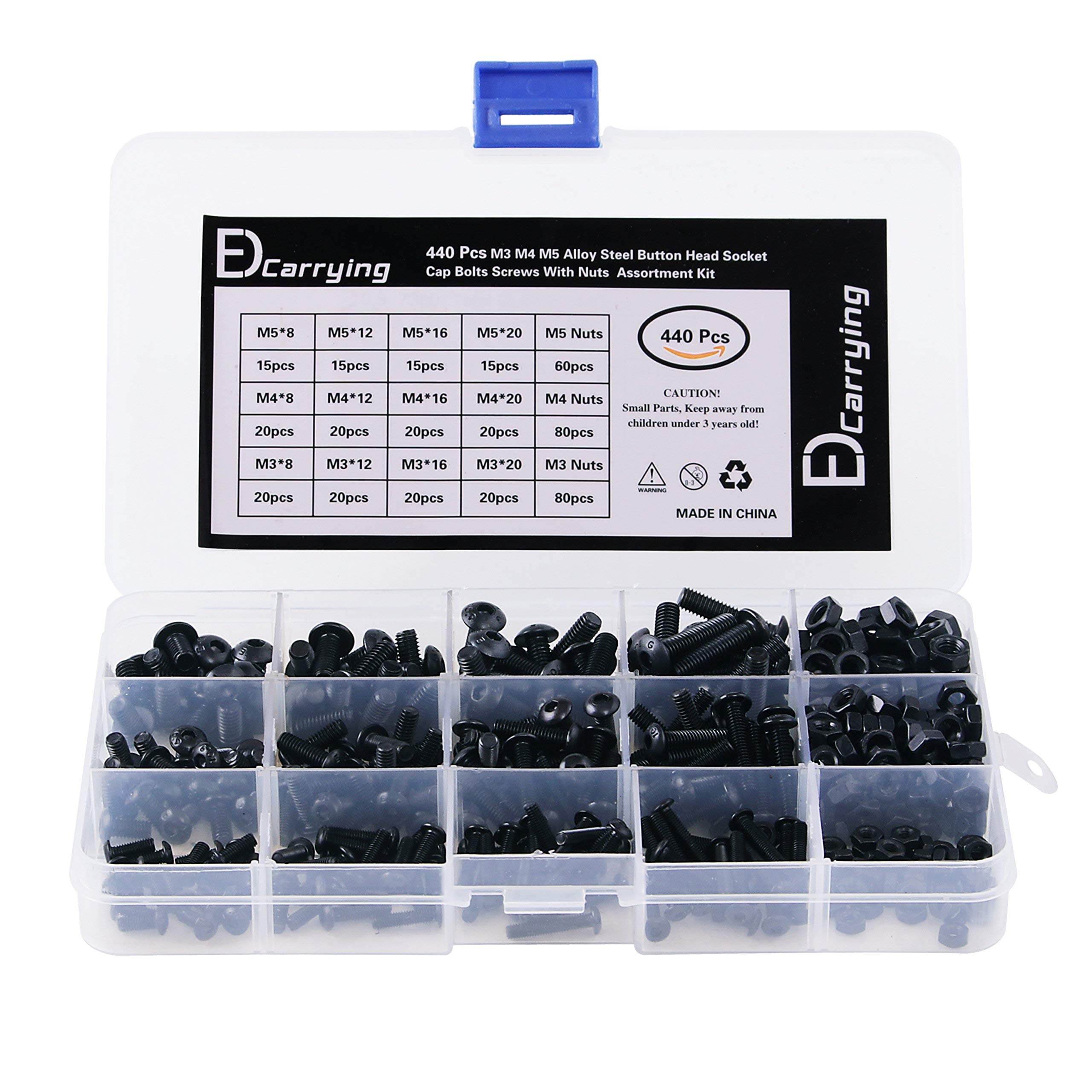 EDCarrying 440 Pcs M3 M4 M5 Alloy Steel Button Head Socket Cap Bolts Screws with Nuts Assortment Kit, Black Oxide Finish 10.9 Grade SN-440B