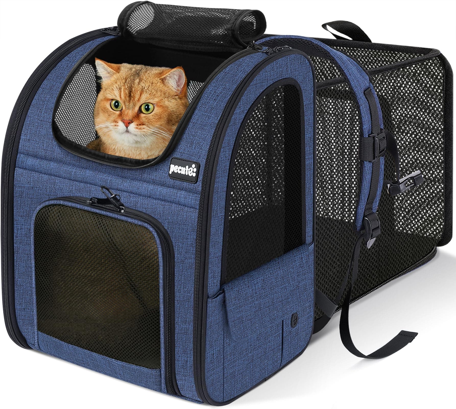 Cat Backpack Carrier Expandable, Pet Backpack for Cats & Small Dogs Up to 11lbs, with 4-Side Breathable Mesh, Multi-Entry & Lockable Zippers for Travel, Hiking, Camping - Hands Free, Blue