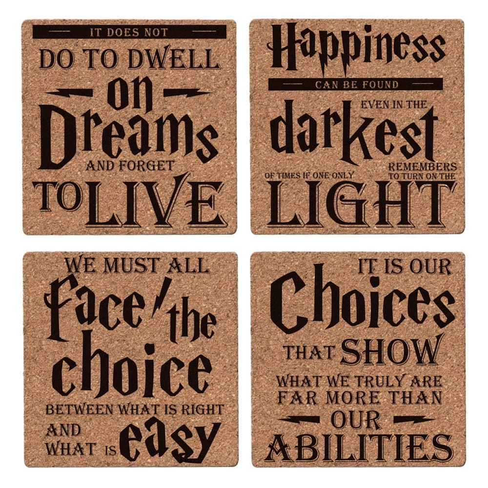 Harry Potter Quotes & Sayings - Set of 4 Coasters for Drinks - 4"x 4x 0.19" Cork Backing - Great Harry Potter Gifts