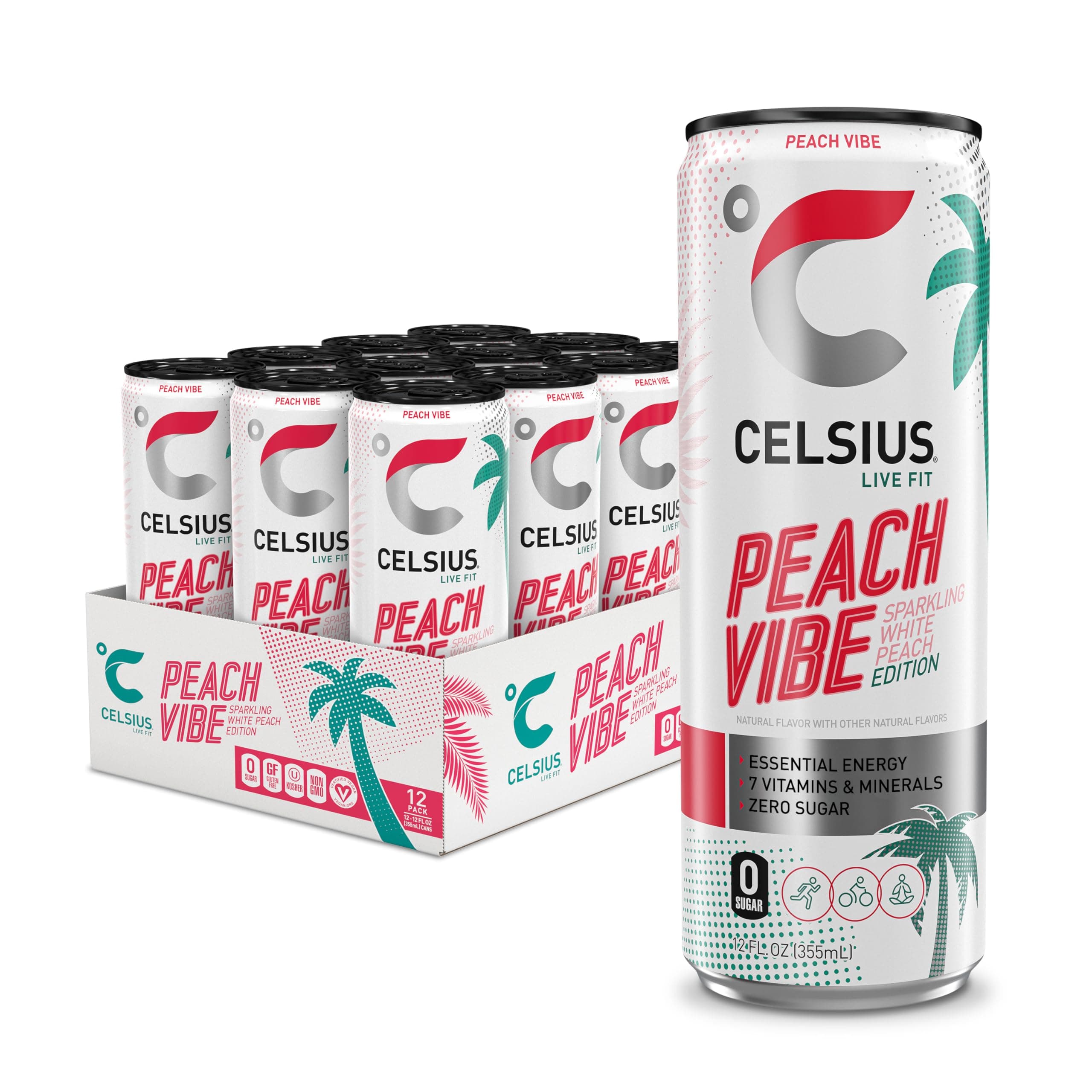 PEACH VIBE Sparkling White Peach, Sugar Free Energy Drink, 12 Fl Oz (Pack of 12)