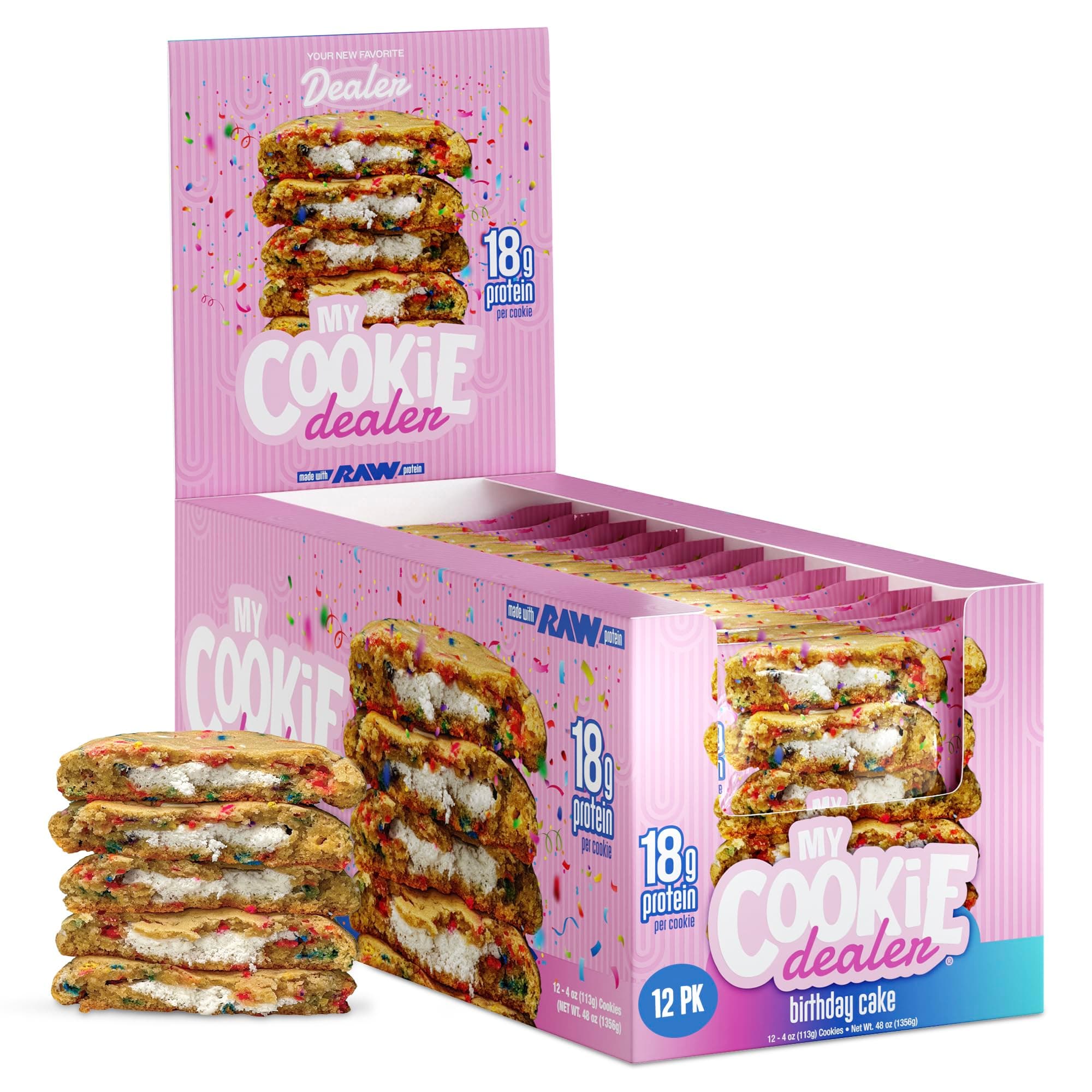 My Cookie Dealer Protein Cookies, Birthday Cake (4oz, Pack of 12) - 18g Protein per Cookie - Individually Wrapped Workout Snacks for On-The-Go Travel