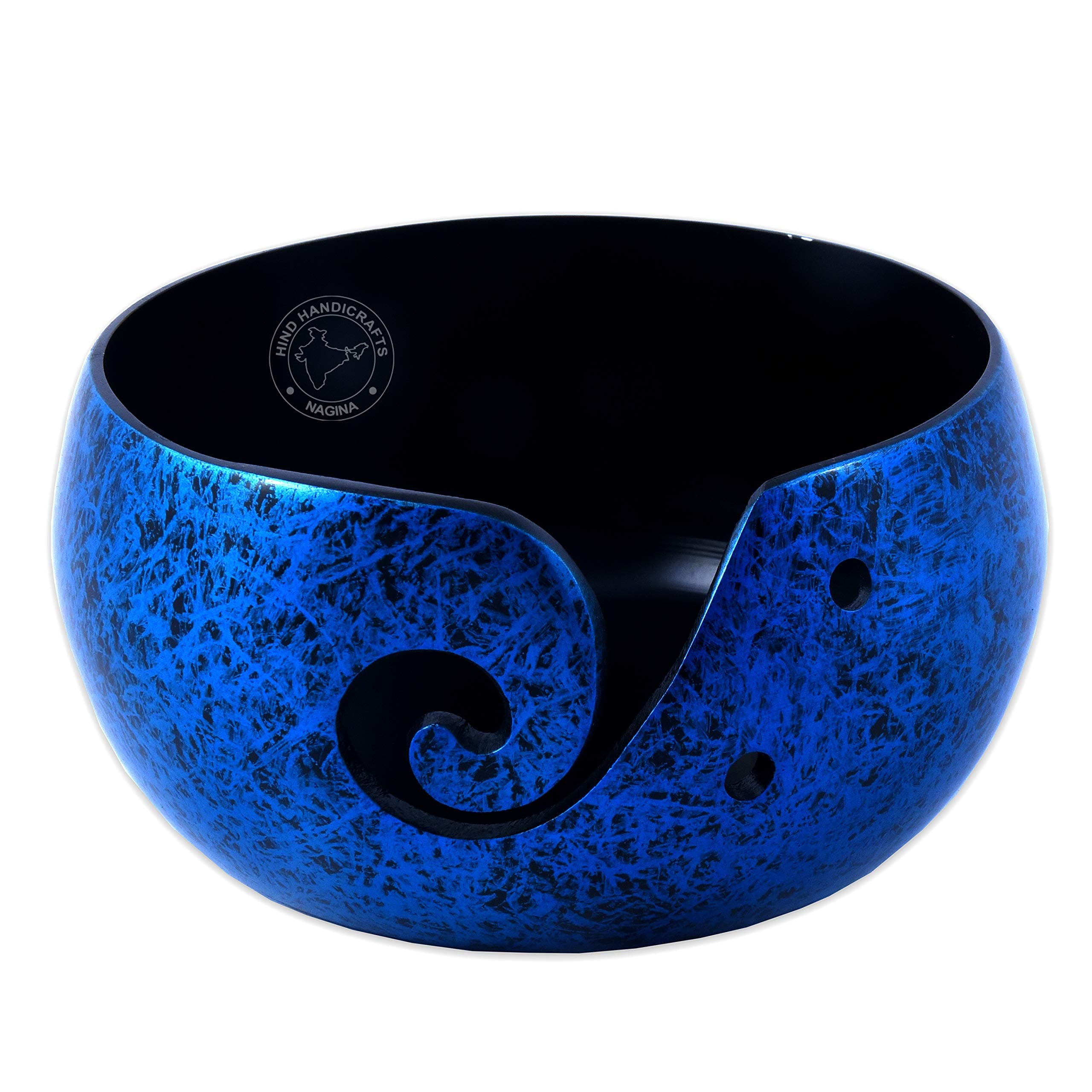 Aluminium Yarn Bowl Holder for Knitting & Crochet – 6"x6"x3" Neon Blue – Portable Handmade Metallic Yarn Storage Bowl with Spiral Cut & Needle Holes