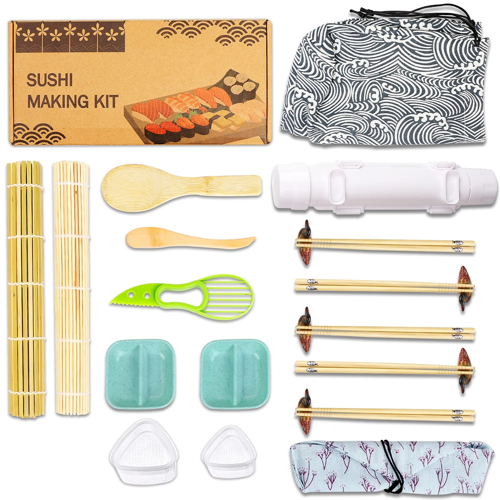 AerWo Sushi Making Kit for Beginners, DIY Sushi Roller Machine, Sushi Bazooka Maker Kit with Sushi Mat, Triangle Sushi Mold, Avocado Slicer, Chopsticks, Bento Bag, Bamboo Sushi Rolling Mat