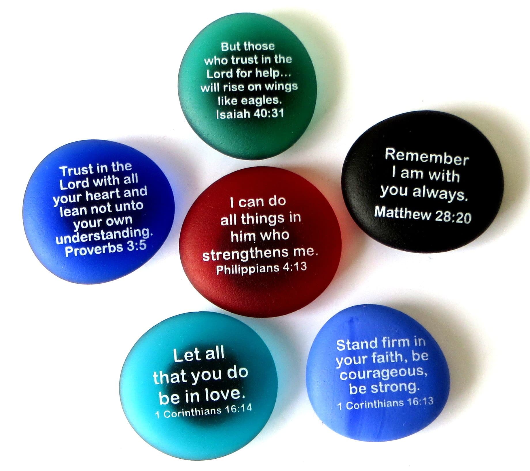 Scripture Magnets, Your Favorite Inspirational Bible Verses Printed On Frosted Sea Glass Stones, Attached to Super-Strong Magnets. by Lifeforce Glass