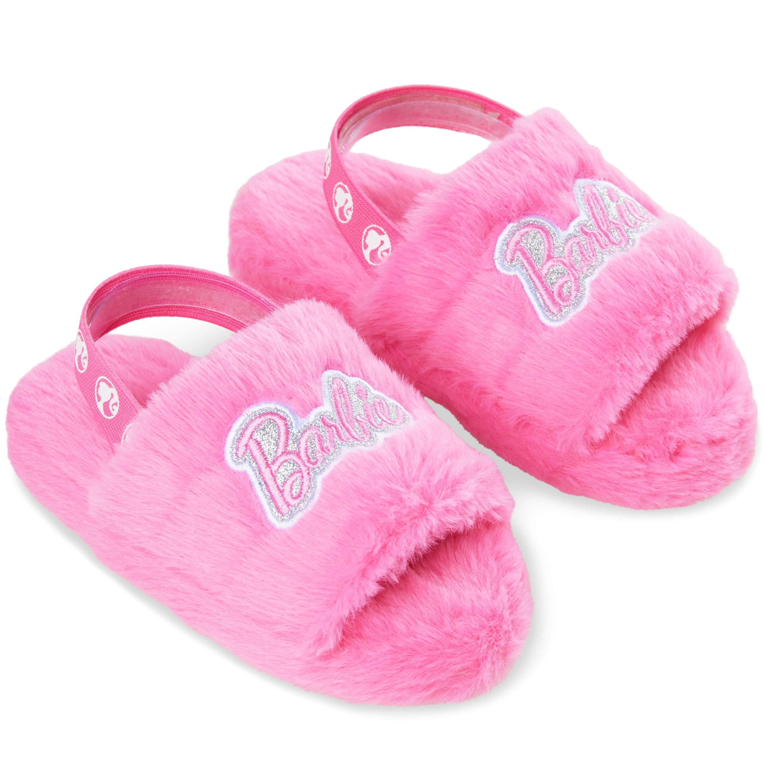 Barbie Girls Fluffy Slippers with Elastic Strap, Comfy House Shoes - Girls Gift