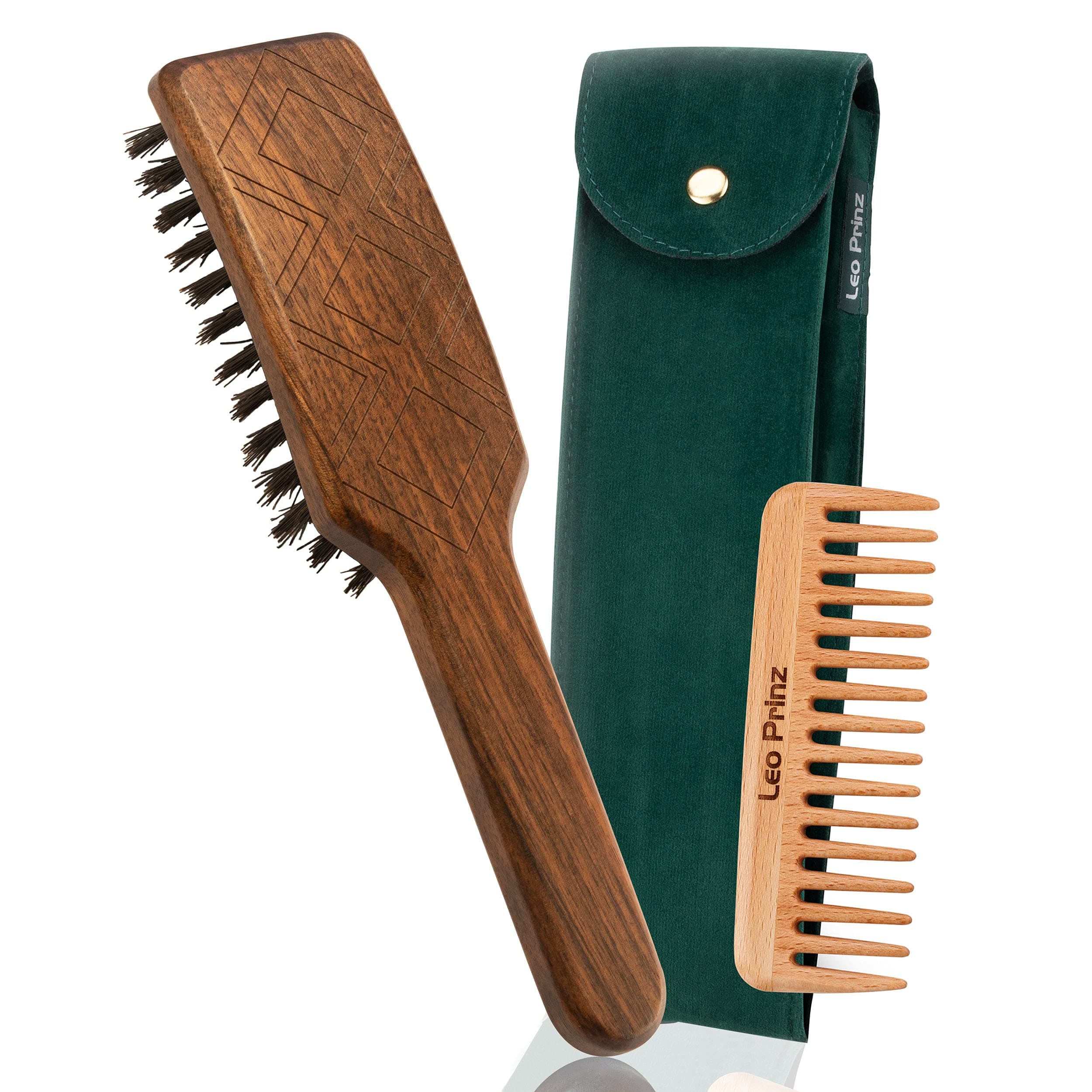 Boar Bristle Hair Brush set for Men and Women, normal to long hair - repairs and adds volume- handmade in Germany from sustainable wood- wooden comb and travel bag included