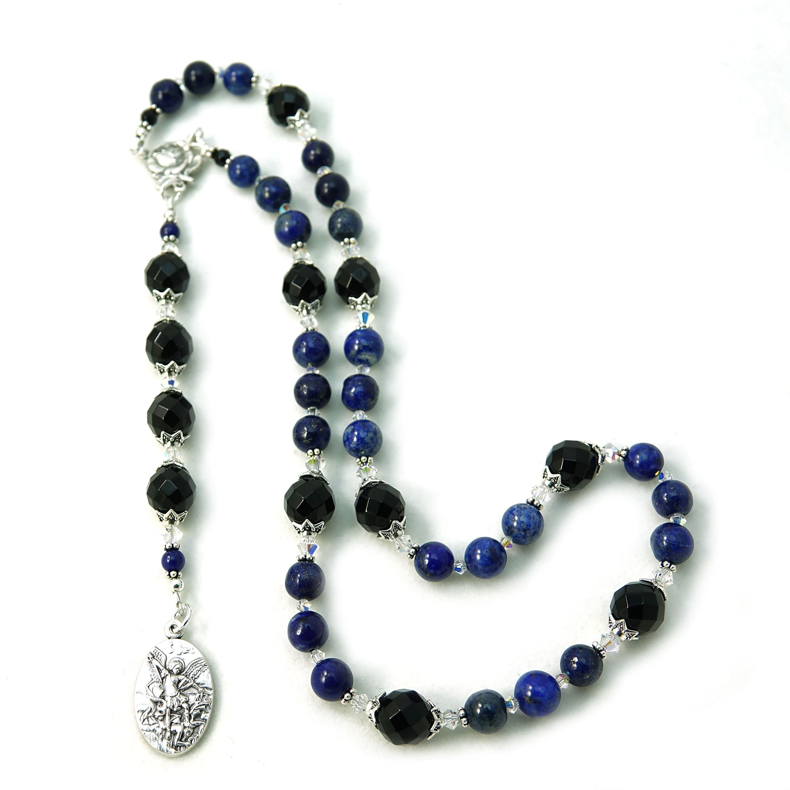 Catholic Prayer Beads St Michael Chaplet Lapis and Agate Gemstone with Blessed with Anointing Oil (Not a Necklace)