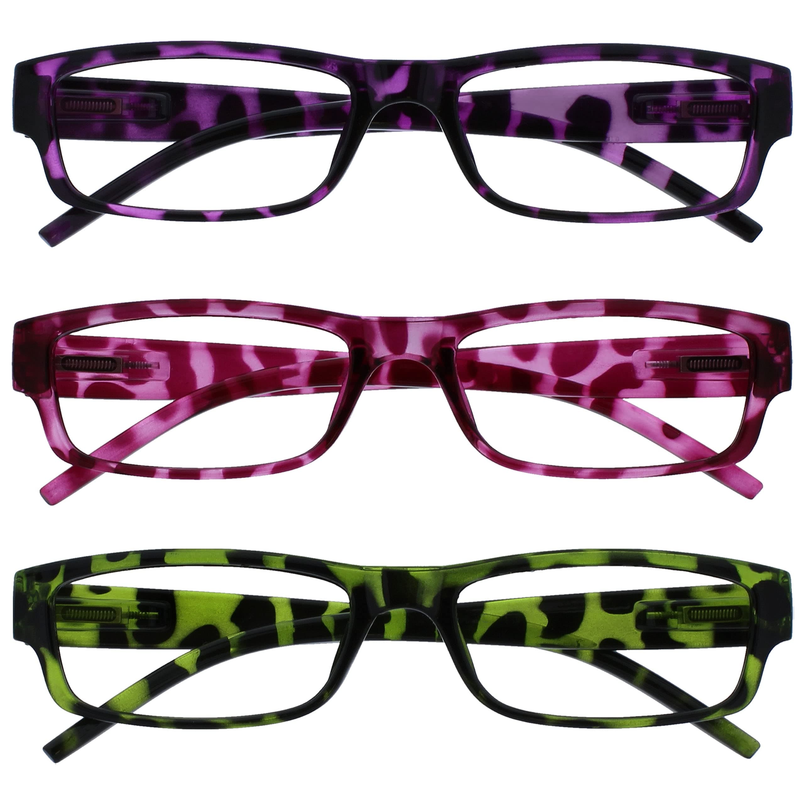 ACE Classic Reading Glasses for Women Men, Scratch Resistant, Narrow Frame with Spring Hinges, Purple/Pink/Green +2.00 (Pack of 3)