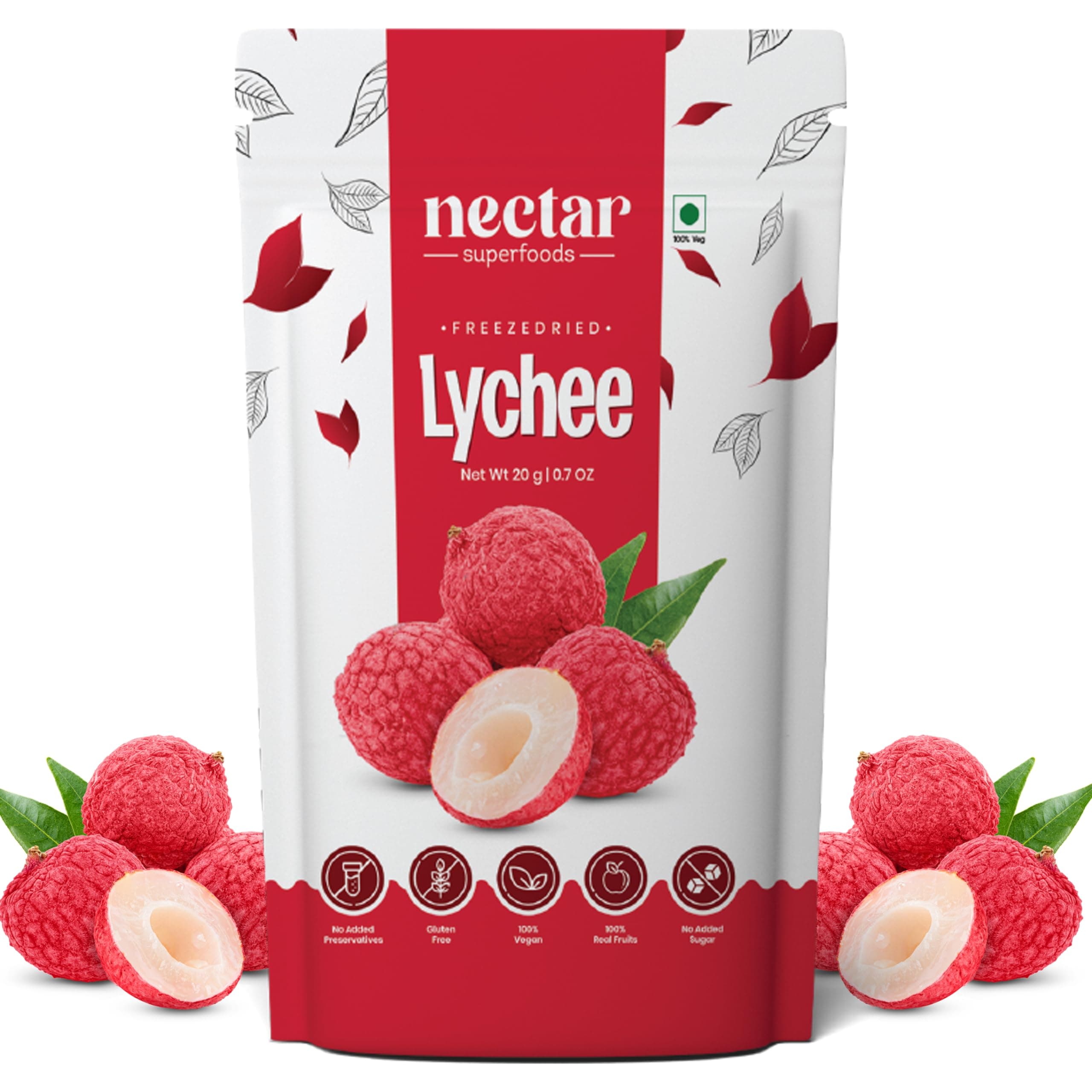 Nectar Superfoods Freeze Dried Lychee | No Preservatives, No Added Sugar Dried Fruit | 100% Natural, Vegan, Gluten Free | 20 gram Pouch (PACK OF 1)