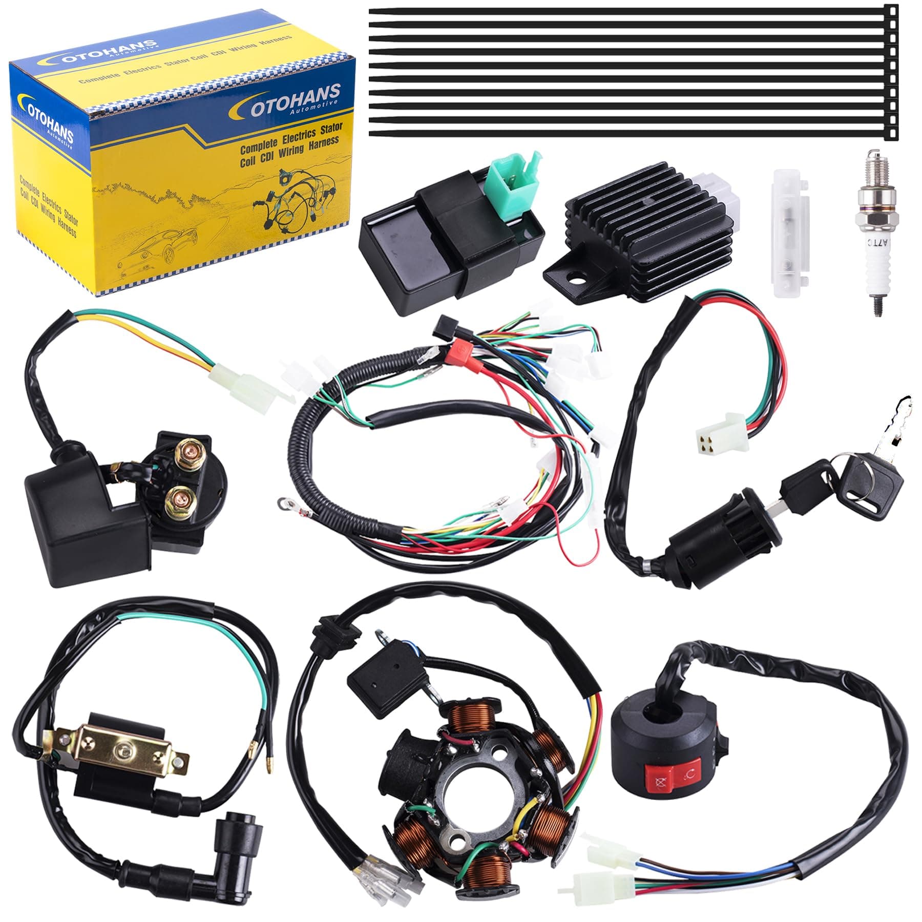 Complete Electrics Wiring Harness Coil Stator Solenoid Relay CDI Spark Plug for 4 Wheelers Stroke ATV 50cc 70cc 90cc 110cc 125cc Go Kart Pit Quad Dirt Buggy Bike Parts by OTOHANS AUTOMOTIVE