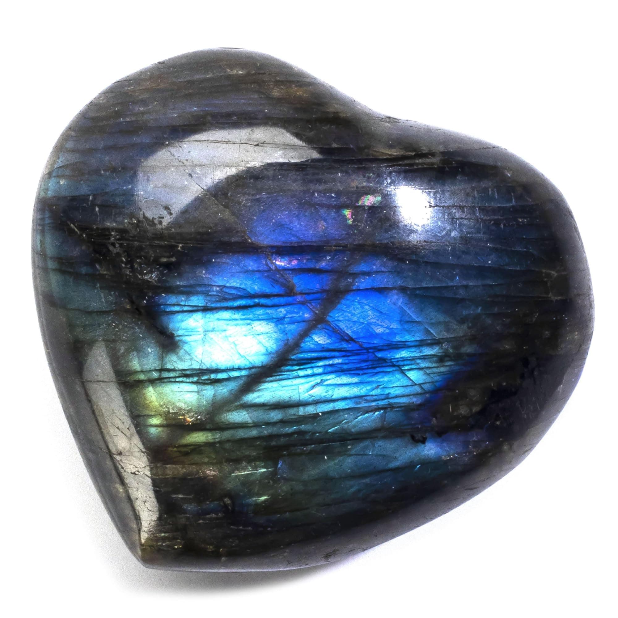 Labradorite Heart - Worry Stone with Healing & Calming Effects - AAA Grade High Energy Labradorita with Information Card - Reiki Crystal Carving Used for Cleansing
