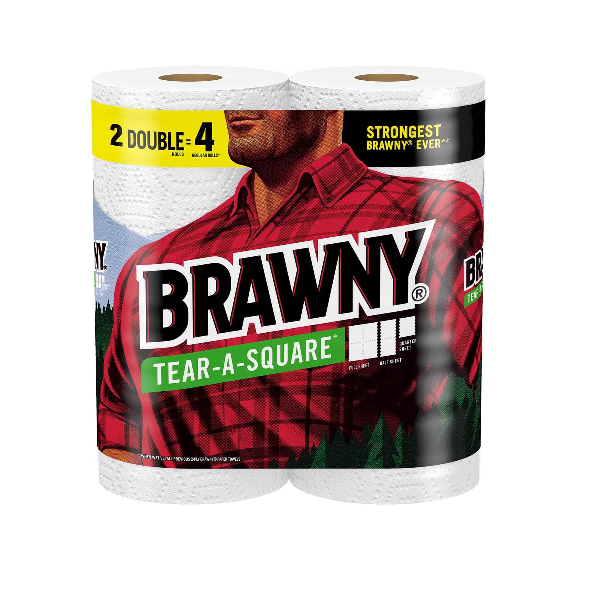 Brawny® Tear-A-Square® Paper Towels, 2 Double Rolls = 4 Regular Rolls