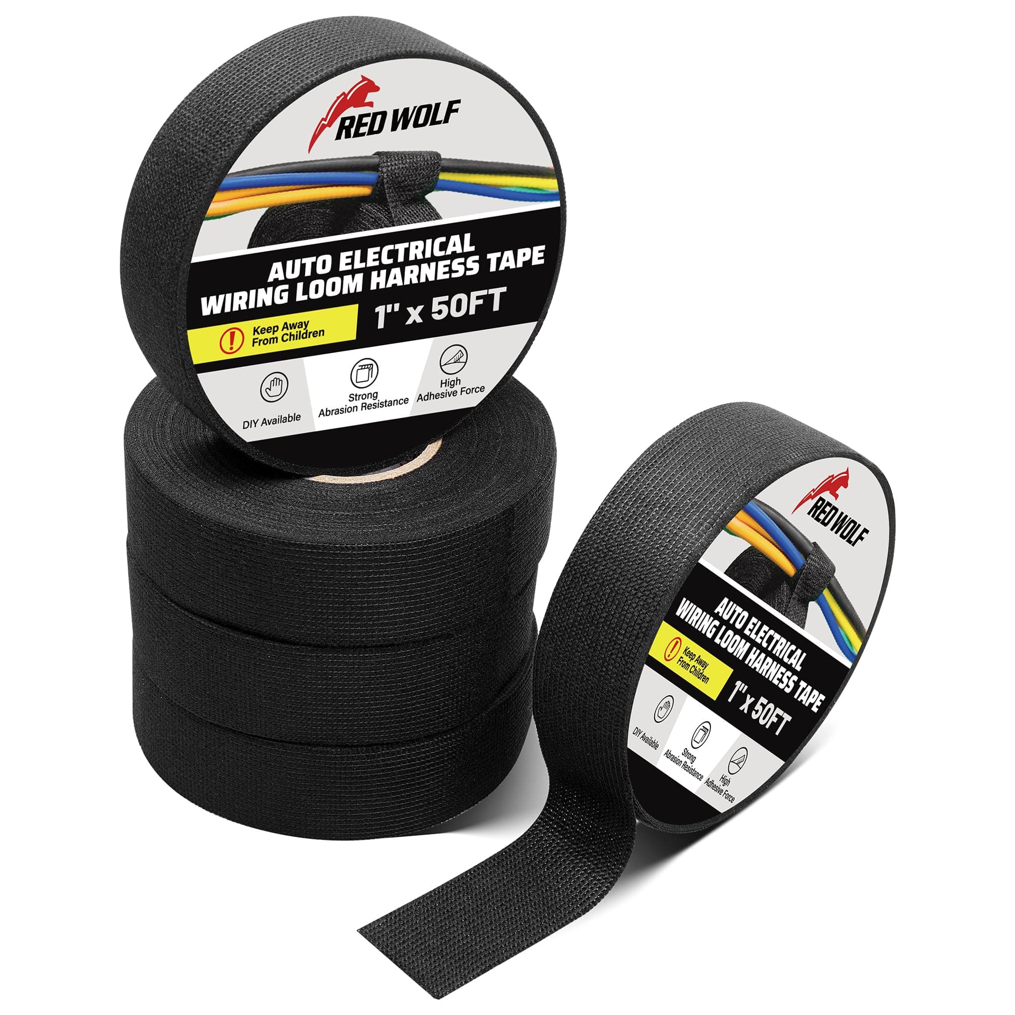 RED WOLF Wire Harness Tape 1 Inch 50 FT High Temp Wiring Loom Harness Self-Adhesive Felt Cloth Electrical Tape for Automotive Engine Electrical No Residue Fabric Insulated Black 5 Rolls