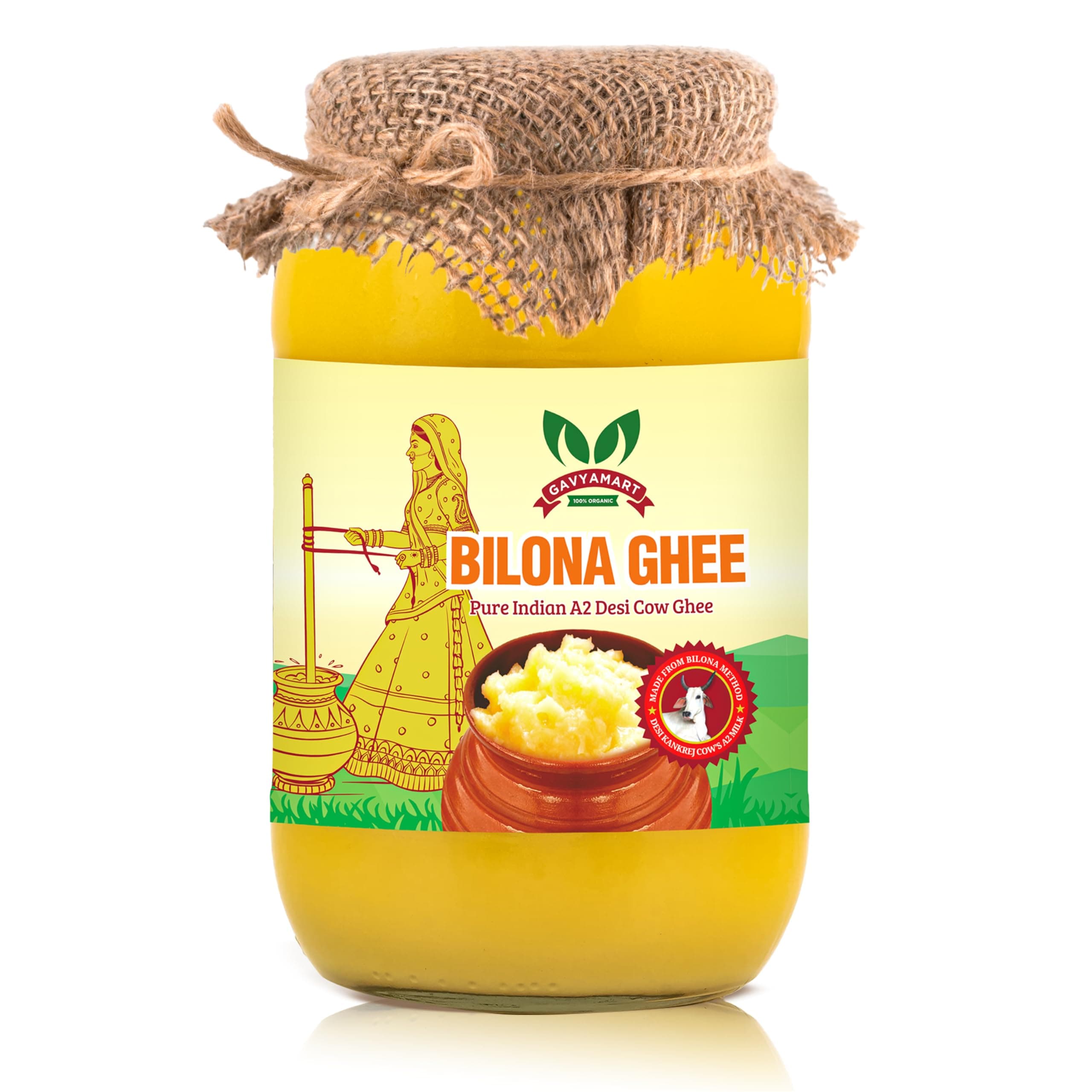 Bilona ghee 100% Fresh Pure Desi Kankrej Organic Non-GMO Cow Ghee-Made Using Traditional Bilona Method - Glass jar pack (Pack of 1)