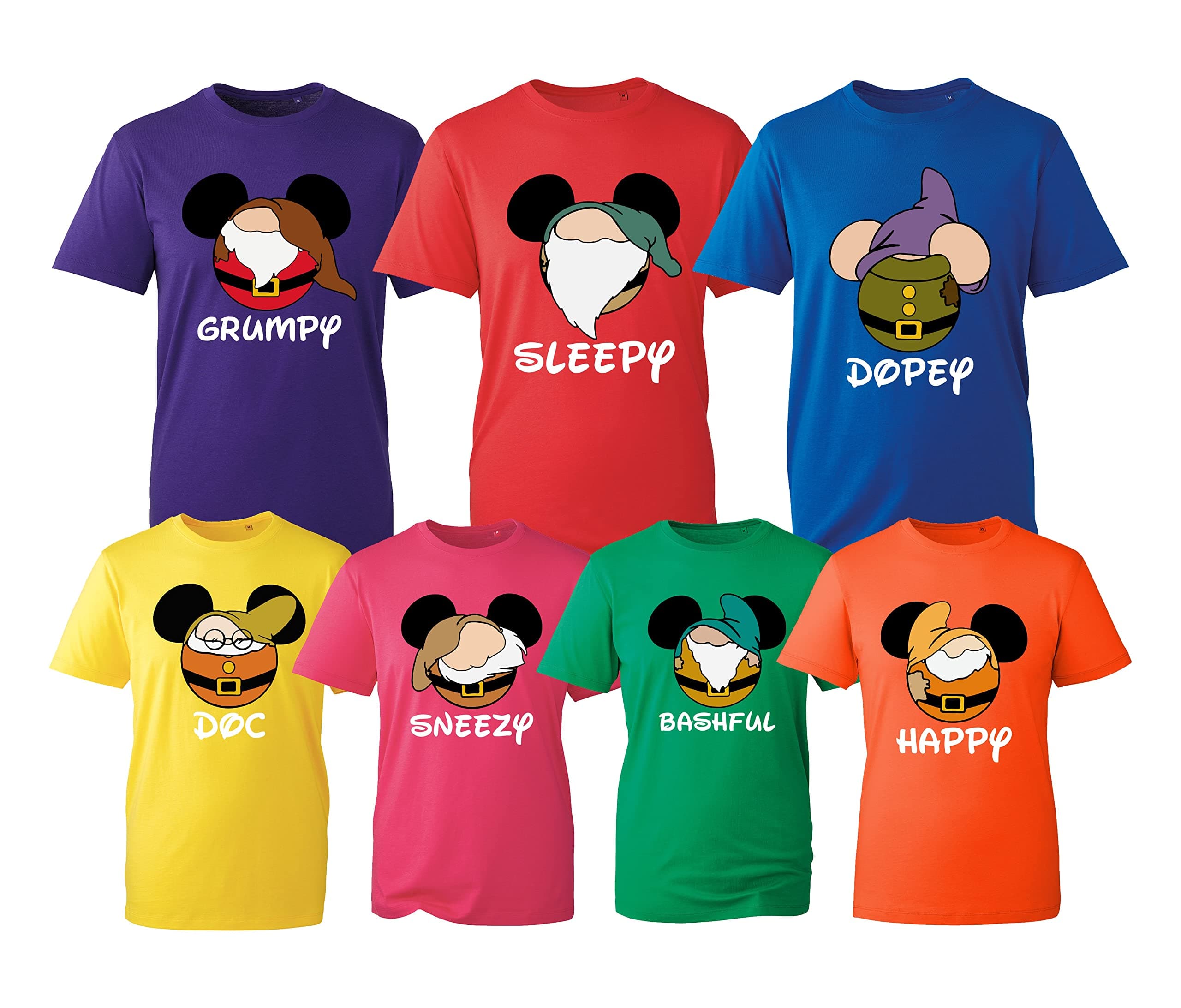 Seven 7 Dwarfs T-Shirt, Happy Costume Cartoon Funny Bashful Dopey Multiple Colours Unisex Kids Adults Top