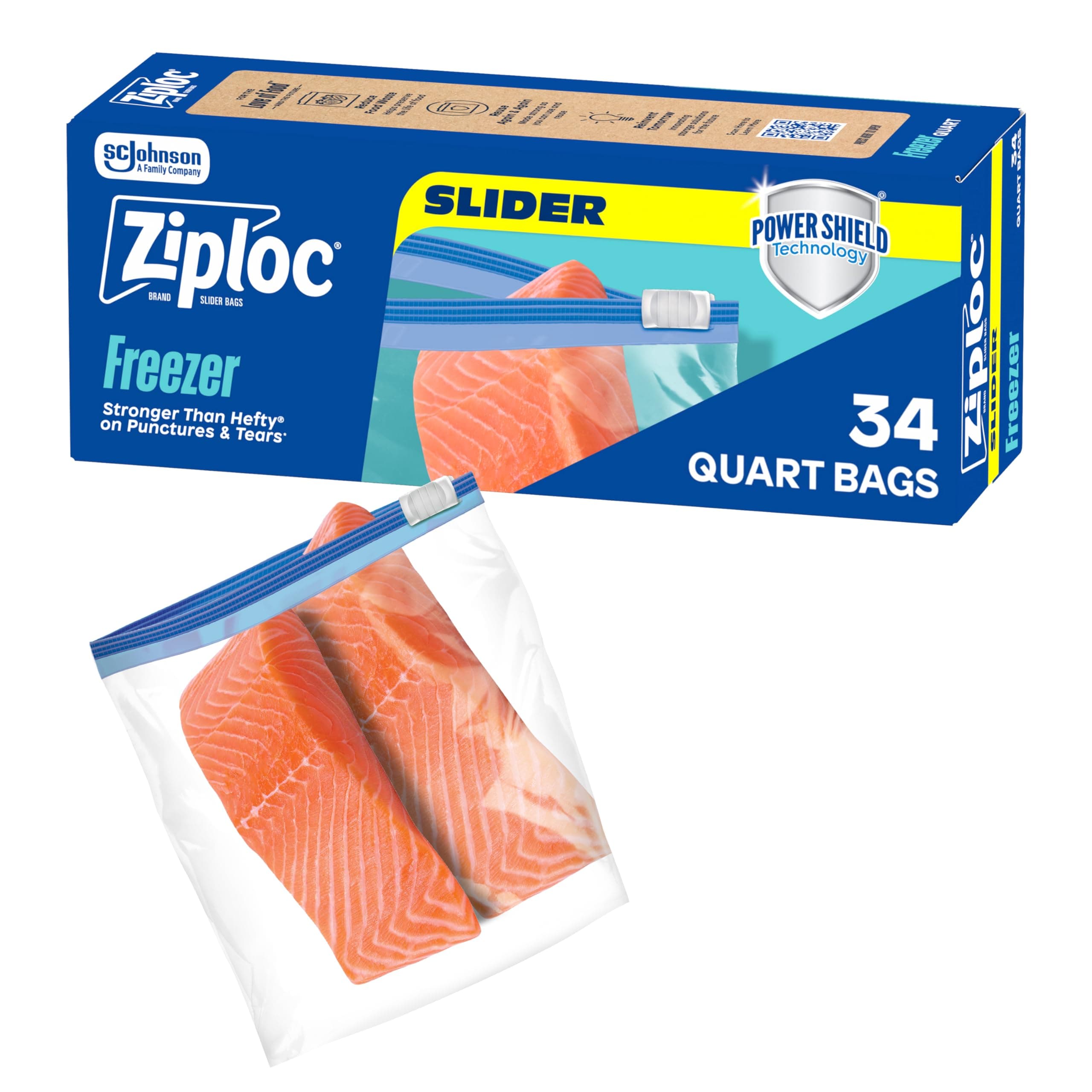 Ziploc Quart Food Storage Freezer Slider Bags, Power Shield Technology for More Durability, 34 Count