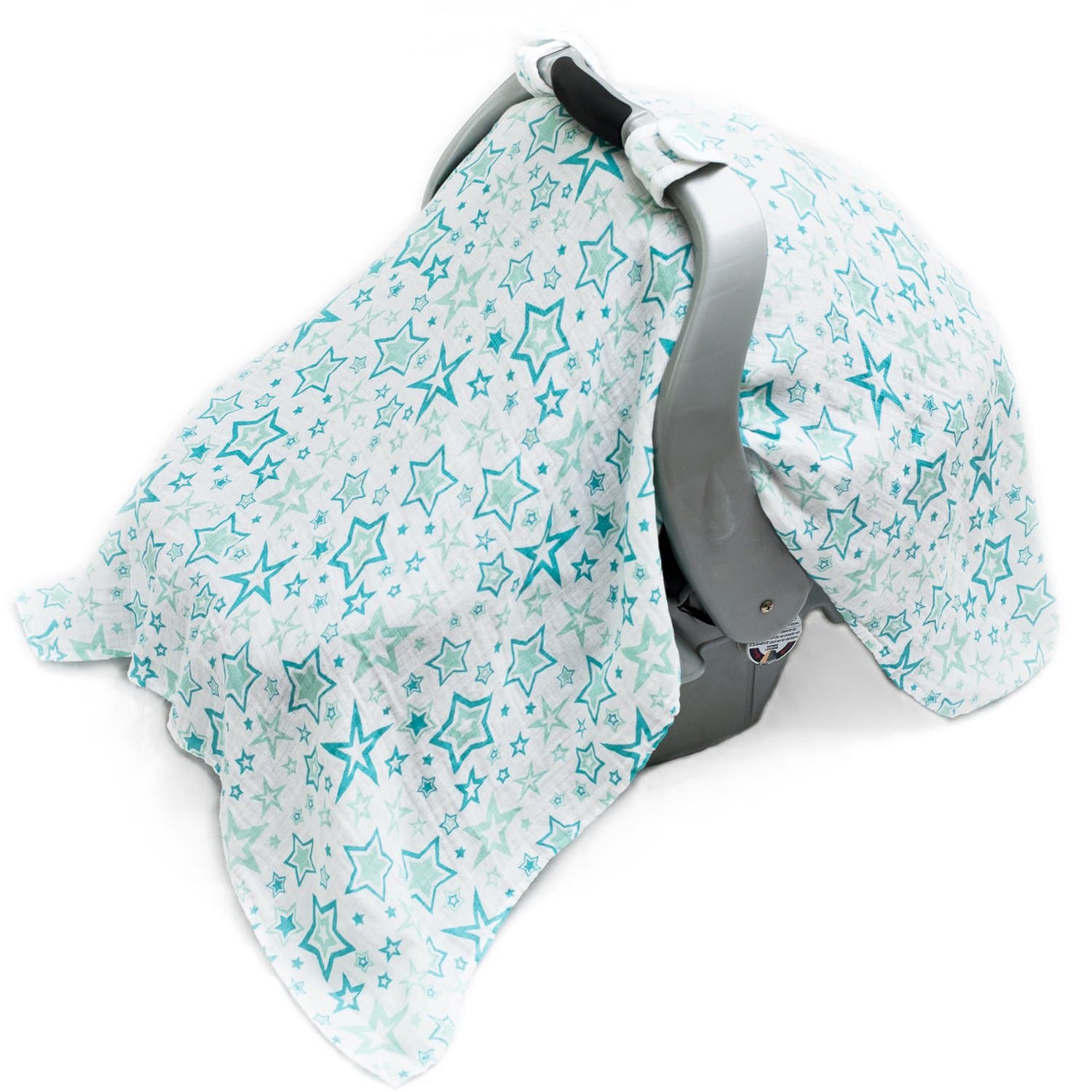 Baby Car Seat Cover – Fits All Car Seats – Soft, Breathable, Premium 100% Cotton Muslin – Cute Design - Perfect For Baby Boy or Girl (Green Stars)