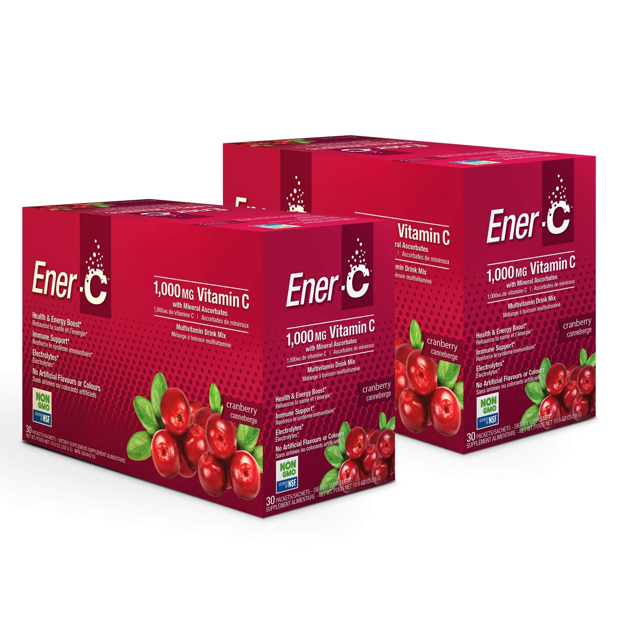 Ener-C - Vitamin C Immune Support, 1000mg Vitamin C Effervescent Multivitamin Drink Powder, Fruit Juice Vitamin C Drink Mix for Hydration with Electrolytes, Cranberry, 60 Packets (2-pack)