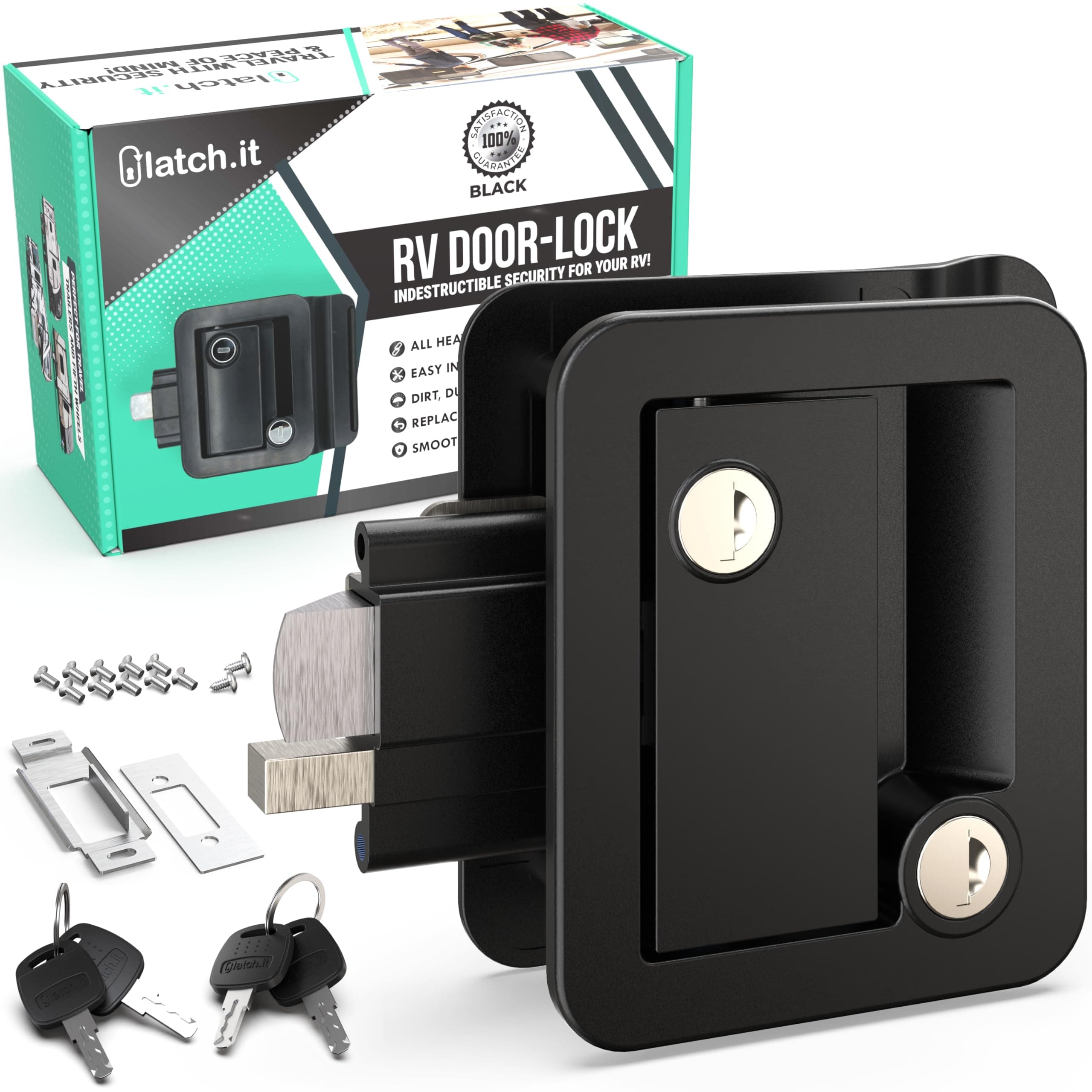 LATCH.IT Black RV Mechanical Door Lock | RV Locks for Travel Trailers | 100% Metal Camper Door Latch | 4 Camper Keys | Fits 2.75"x3.75" Door Lock Hole