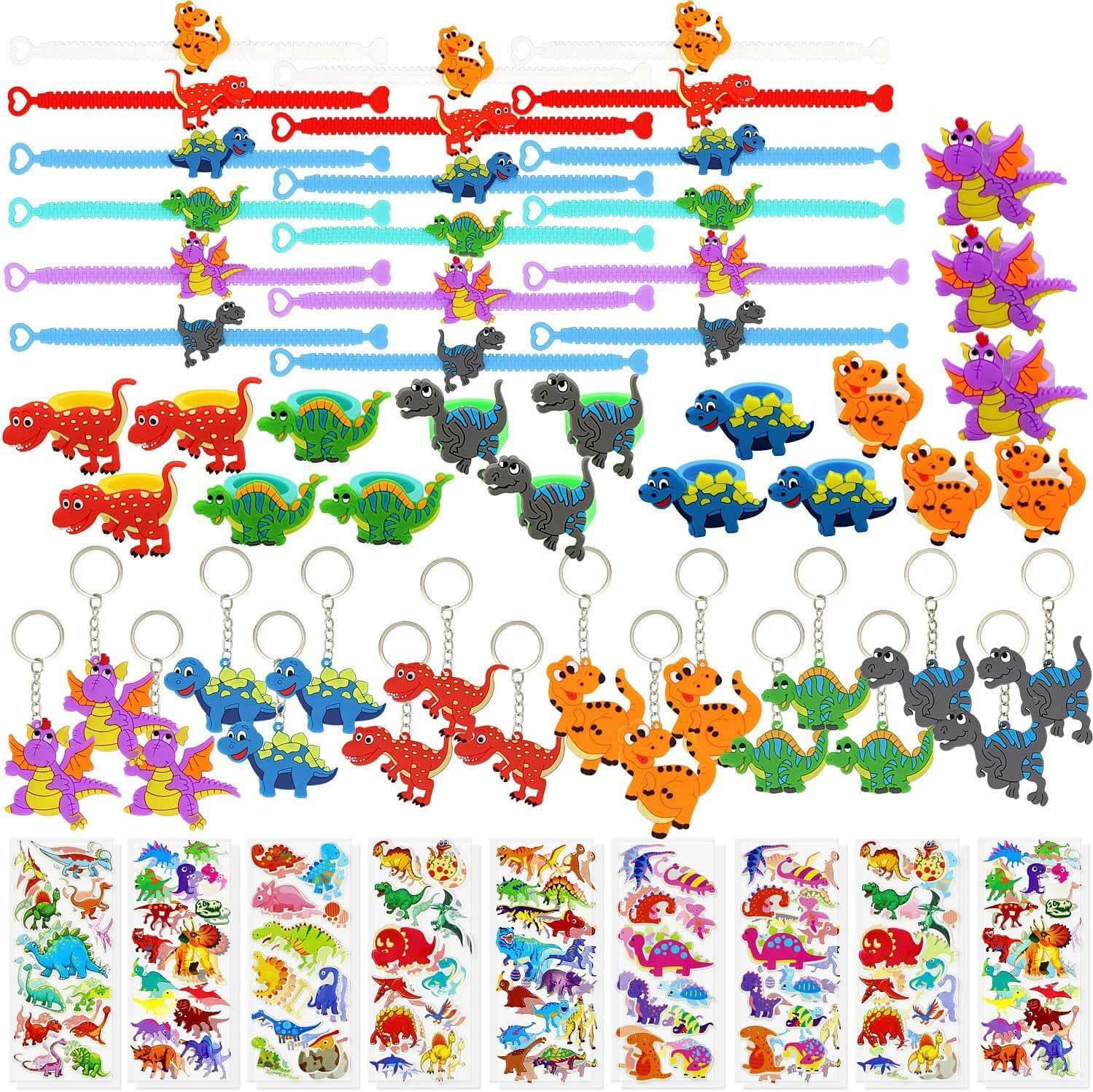 72 PCs Dinosaur Party Favors Dinosaur Bracelets Rings Keychains Stickers Toys Prizes Gift Carnivals for Kids Boys Birthday Party Favor Supplies Goodie Bag Fillers