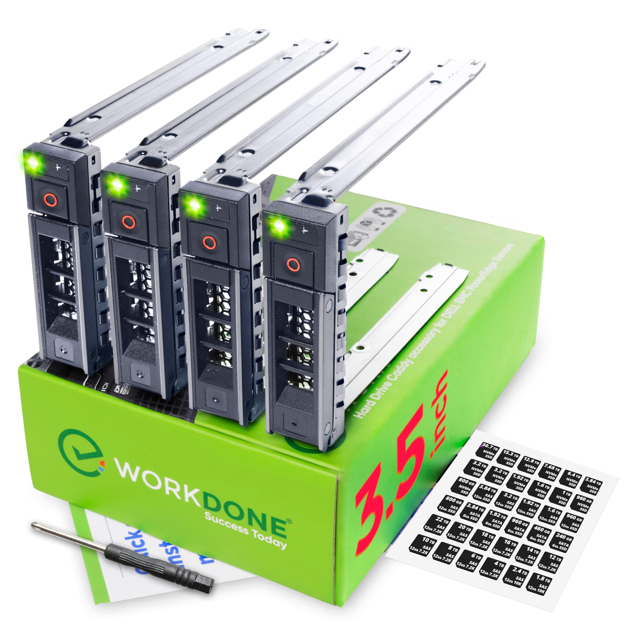 WORKDONE 4-Pack - 3.5 inch Hard Drive Caddy - Compatible for Dell PowerEdge Selected 16th-14th Gen. Servers - with Detailed Installation Manual - Sled Front Sticker Labels - Screwdriver