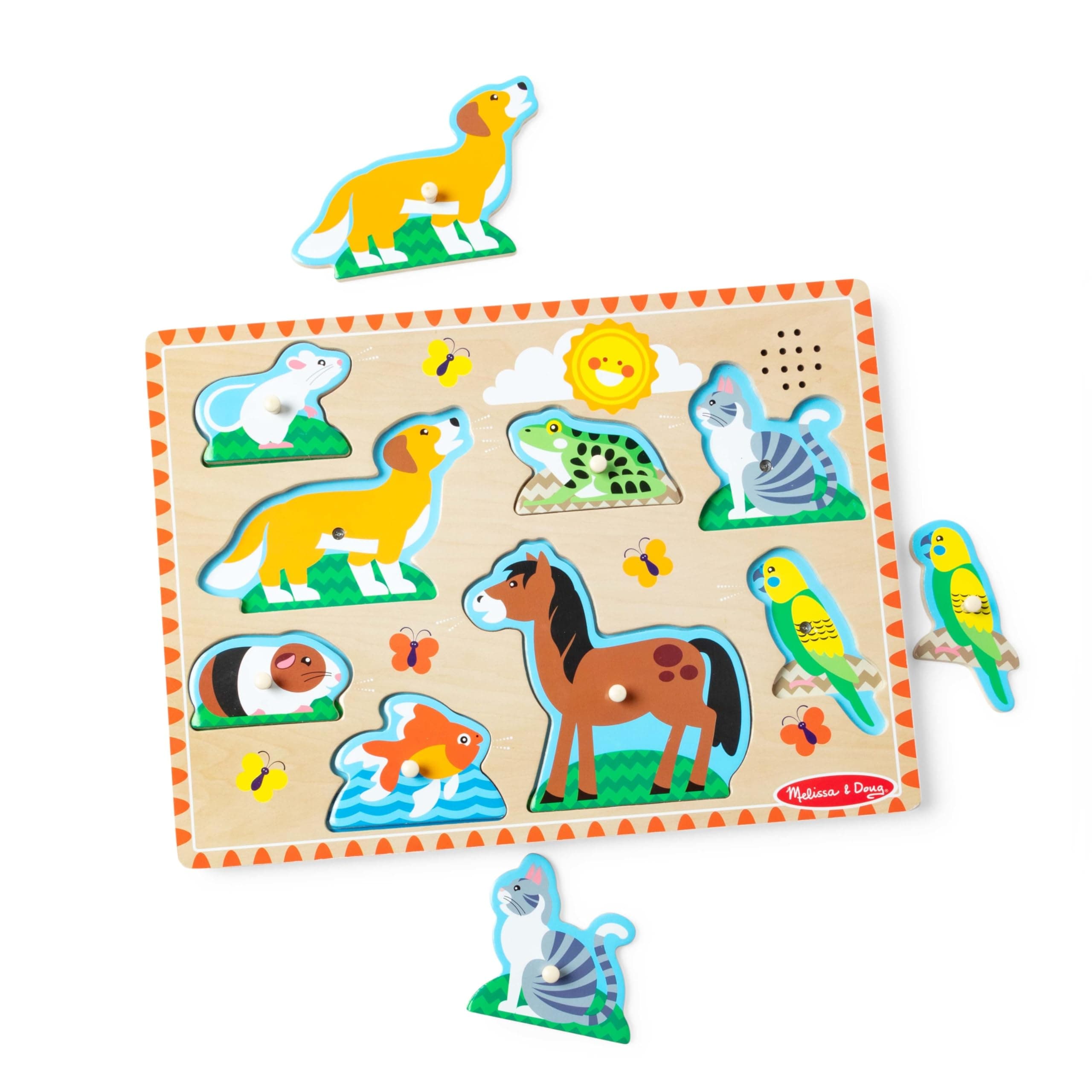 Melissa & Doug Pets Sound, Kids Wooden Puzzles for 2 Year Olds, Baby Puzzles, Wooden Peg, Toddler Sound, Shape, Jigsaws for Children Age 2 3 5, Multicolor