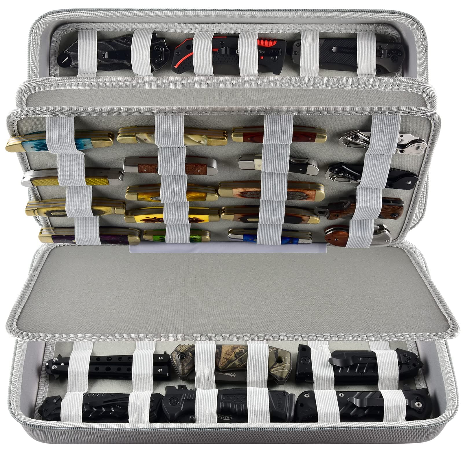 Knife Display Case for 66+ Pocket Knives. Folding Knife Holder, Butterfly Knives Storage Organizer, Knives Roll Collection Pouch Carrier Bag for Survival Tactical Outdoor for EDC Mini Knife -Grey