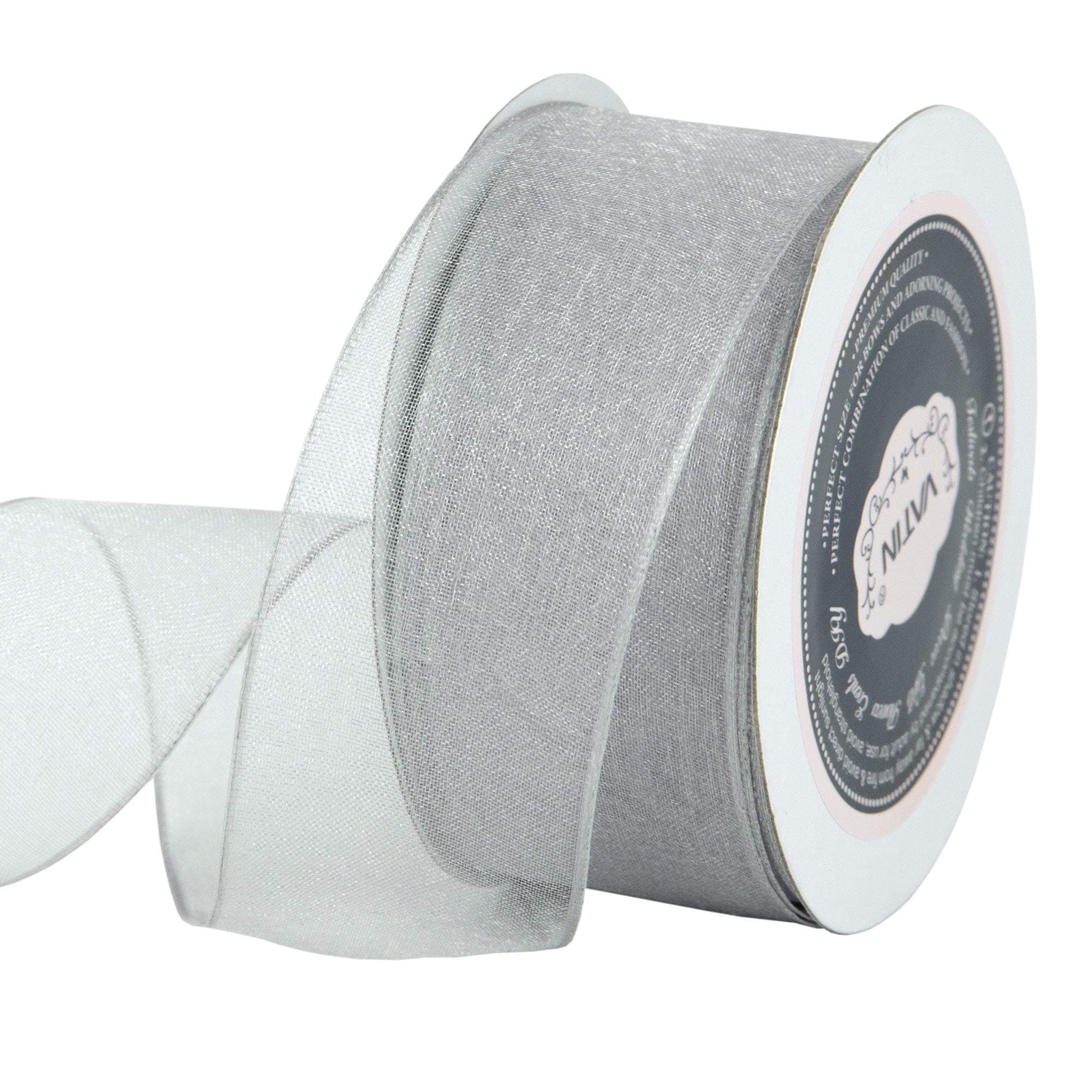 VATIN Christmas Ribbon Sheer Organza Wired Ribbon 38mm x 23m -Grey/Silver,Perfect for Making Bows and Wreaths