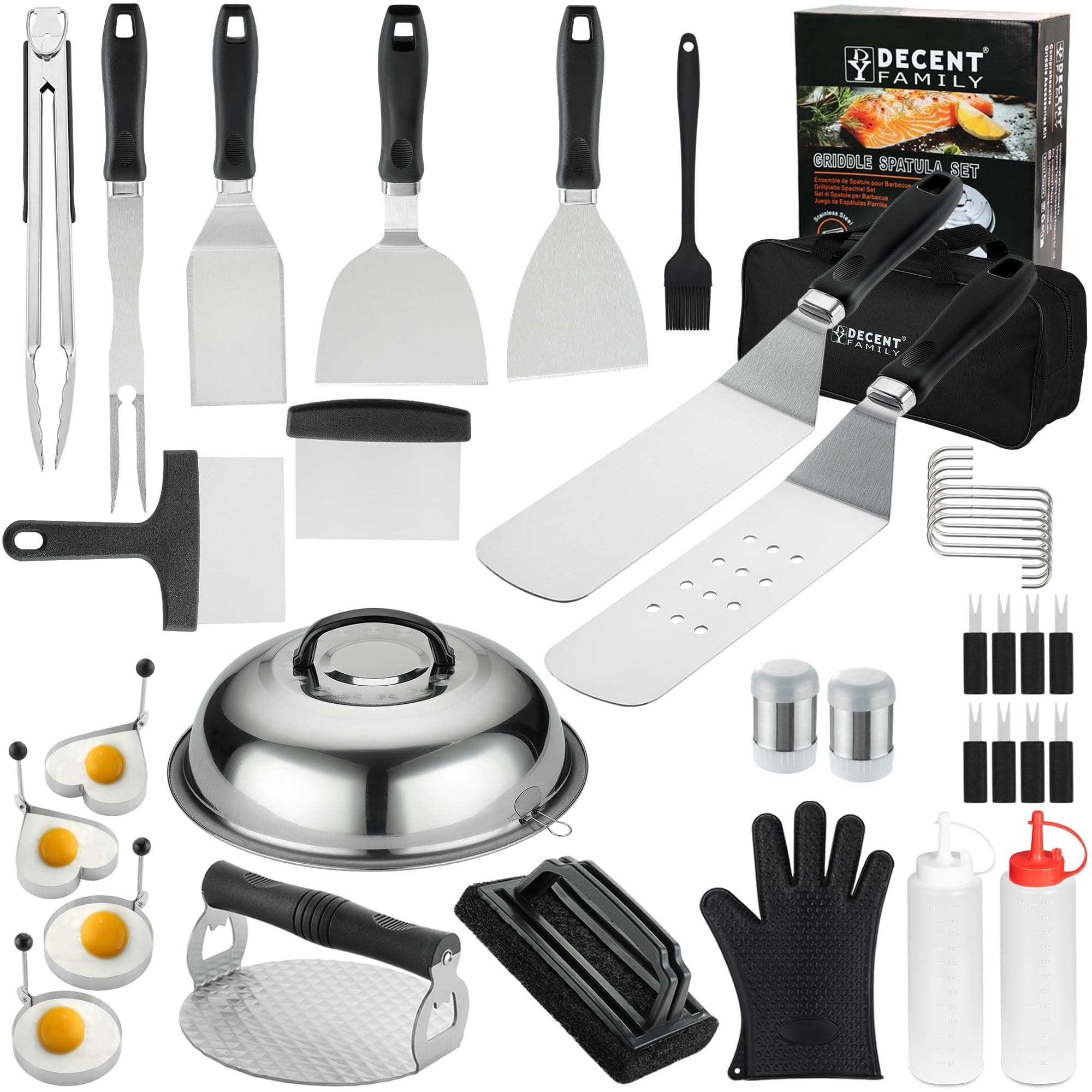 - 39PCS Griddle Accessories Kit, Flat Top Grill Accessories Set for Outdoor Barbecue. Griddle Tools Set with Basting Cover, Spatula, Scraper, Burger Press, Tongs and Cleaning Kit