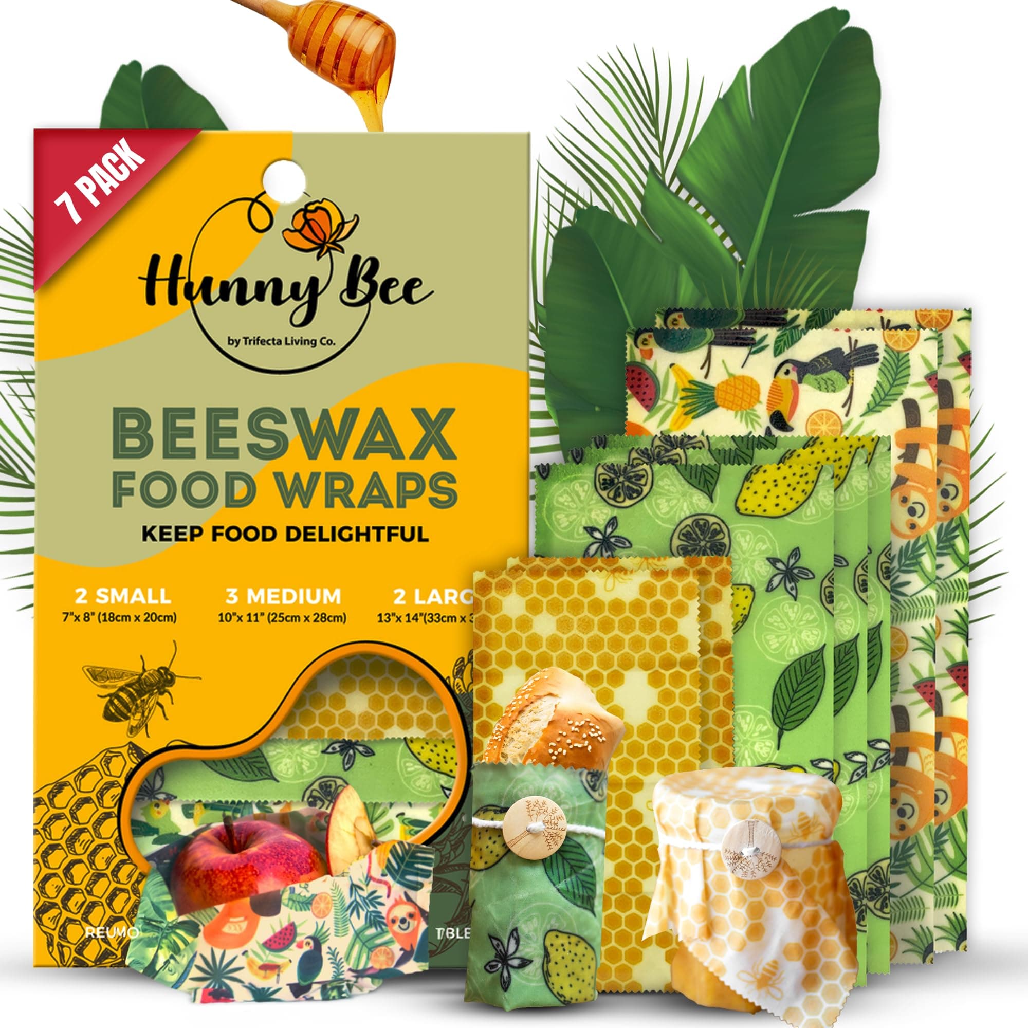 HUNNYBEEE Pack of 7 Reusable Beeswax Wraps For Food | Environmentally Friendly Products | Bee Wax Paper Food Wrap with Jojoba Oil | Beeswax Paper | Waxed Cloth Food Wraps | 3 Sizes (S,M,L)