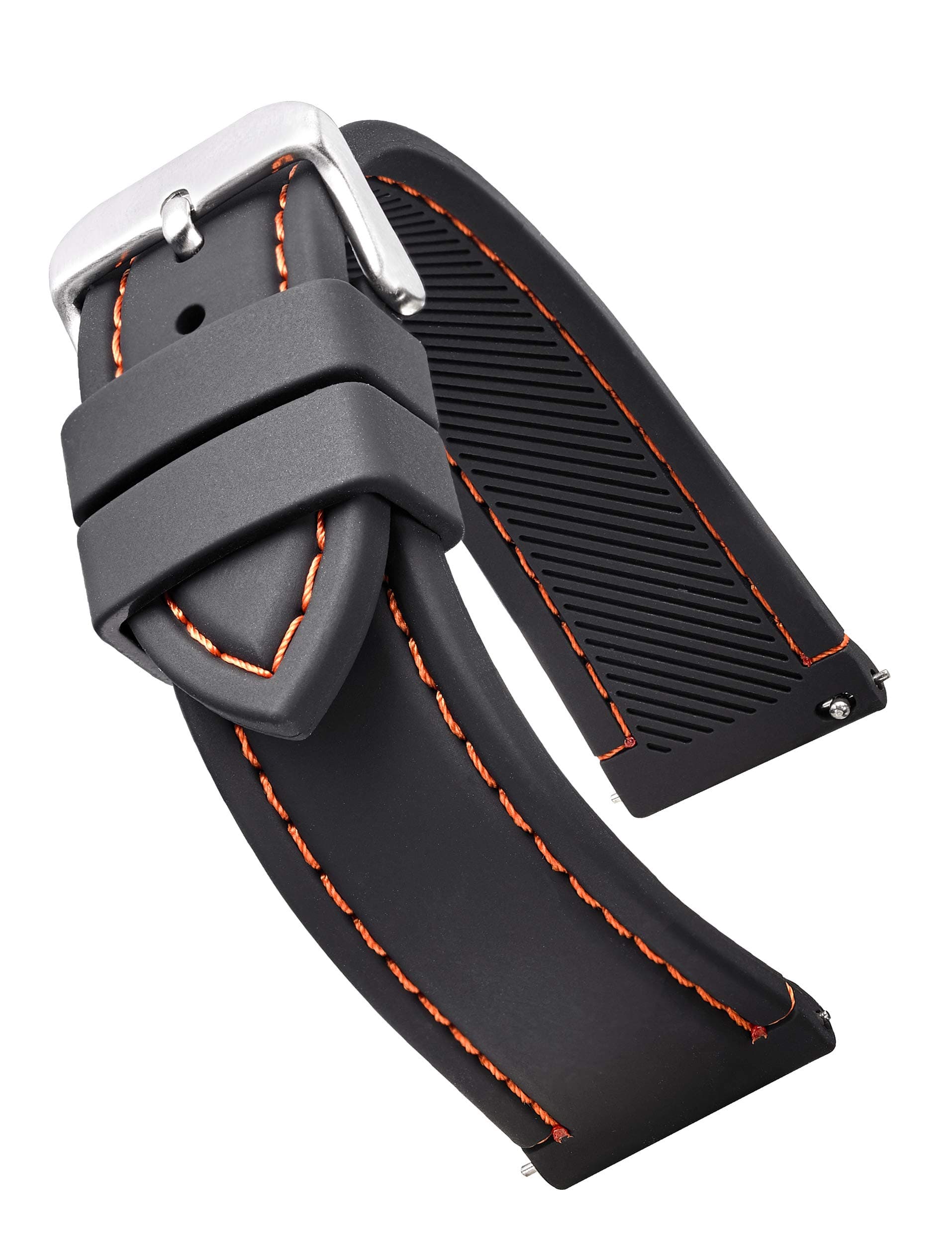 STUNNING SELECTIONALPINE Smooth & sporty silicone stitched watch band with quick release spring bars- Black/White, Black/Red, Black/Blue, Black/Yellow, Black/Orange in sizes 18mm, 20mm, 22mm & 24mm