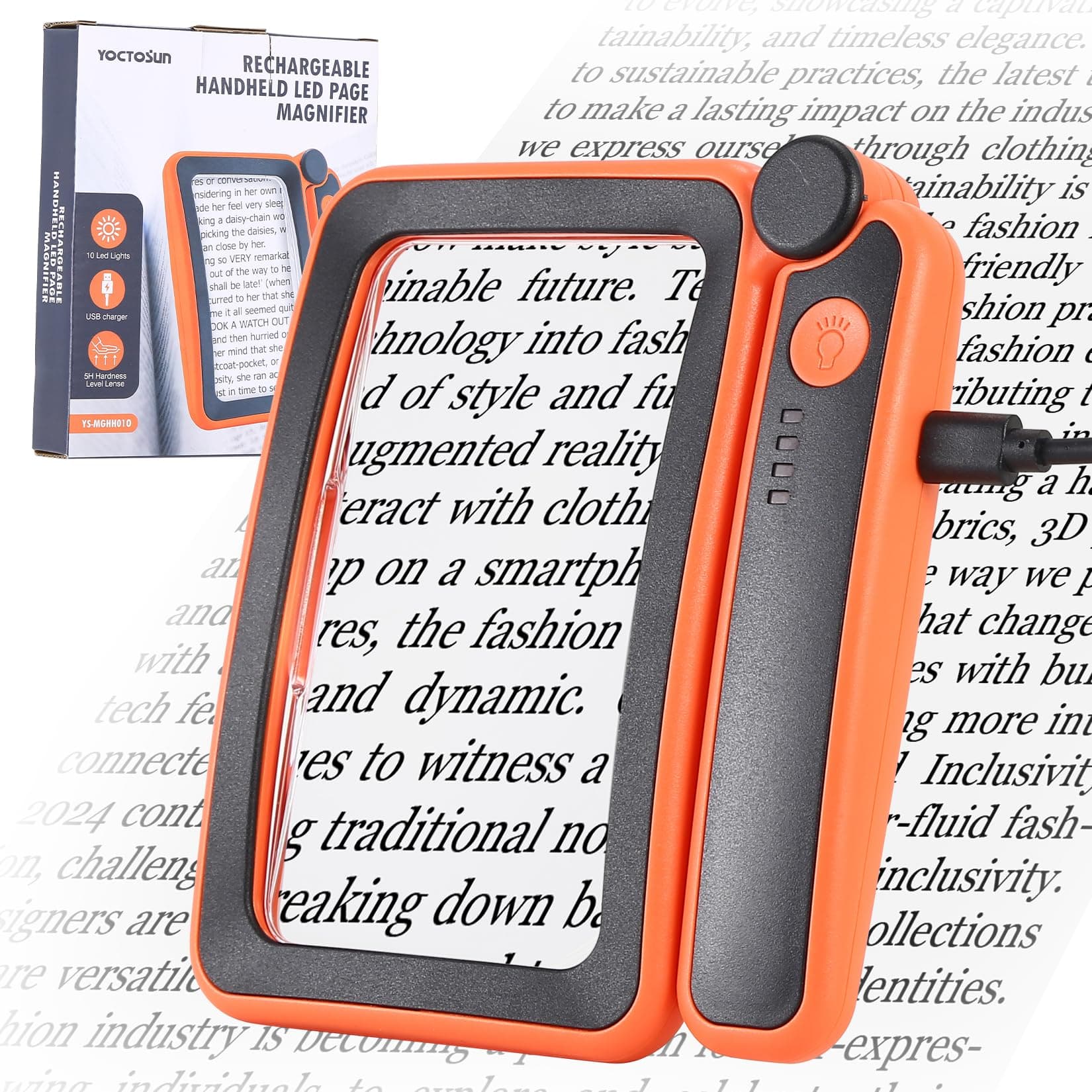 YOCTOSUN Magnifying Glass with Light for Reading, 5X Rechargeable LED Page Magnifier, Foldable Rectangle Magnifier for Elderly Low Vision Inspection