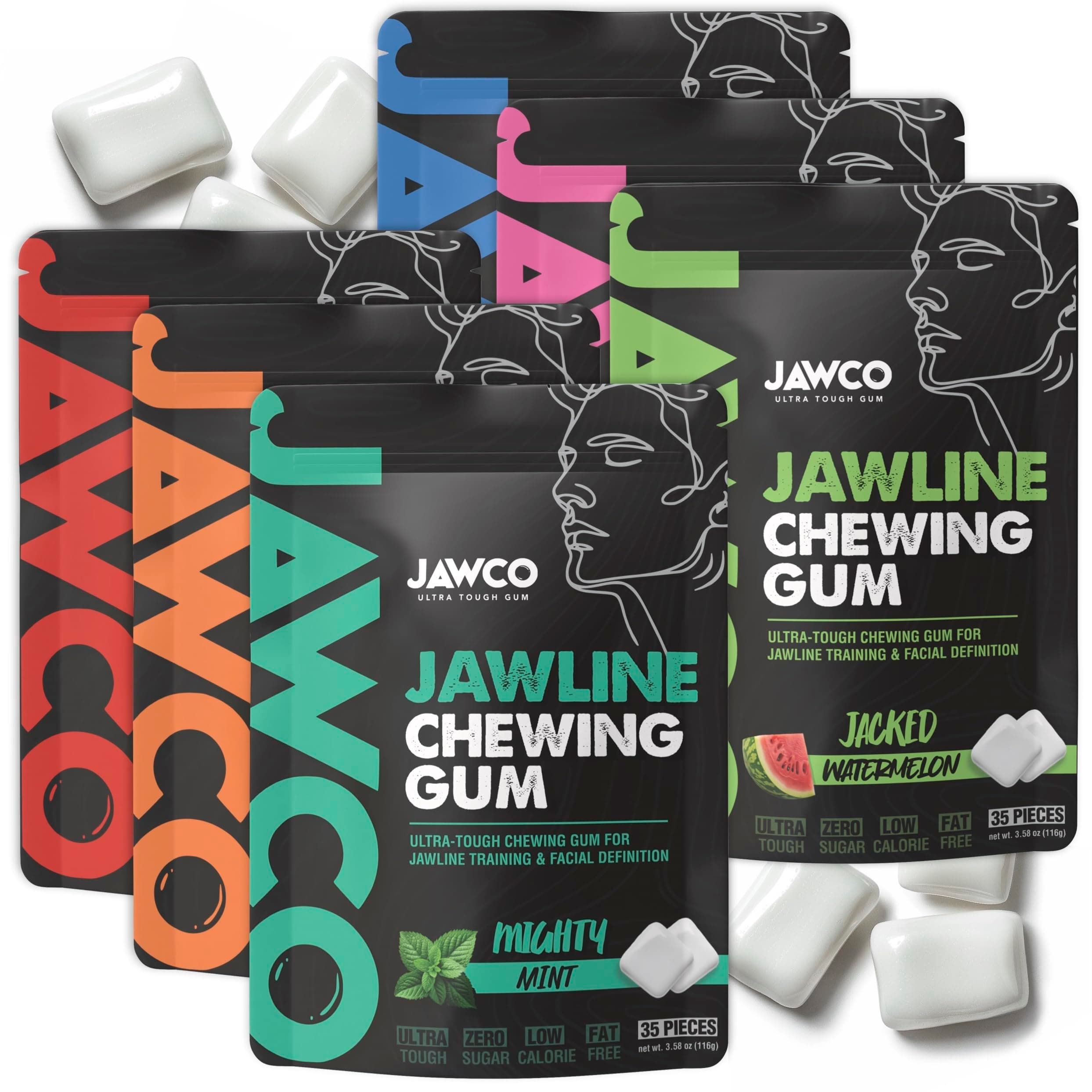 JAWCO Ultra-tough Jawline Chewing Gum Variety 6-Pack | Get a Stronger, Squarer Jawline | Jaw Training Hard Gum | Chisel, Sculpt, Tone your Jaw | 15X Hardness | Facial Fitness Mewing Gum (Variety 6-Pack)