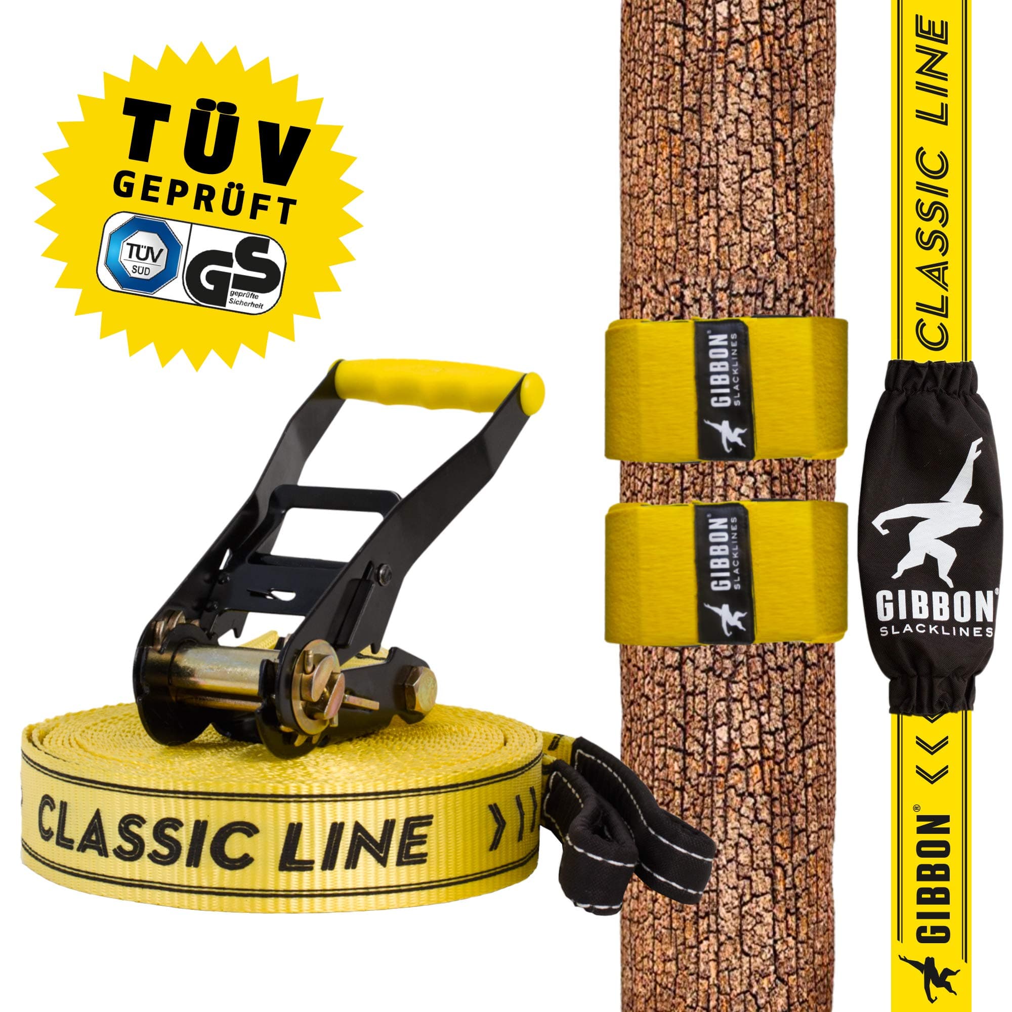 Gibbon Slacklines Classic Line with Tree Wear, yellow, 25 meters, beginner, beginners and beginners, including tree protection, ratchet protection and ratchet restraint, 50 mm wide, perfect leisure sport
