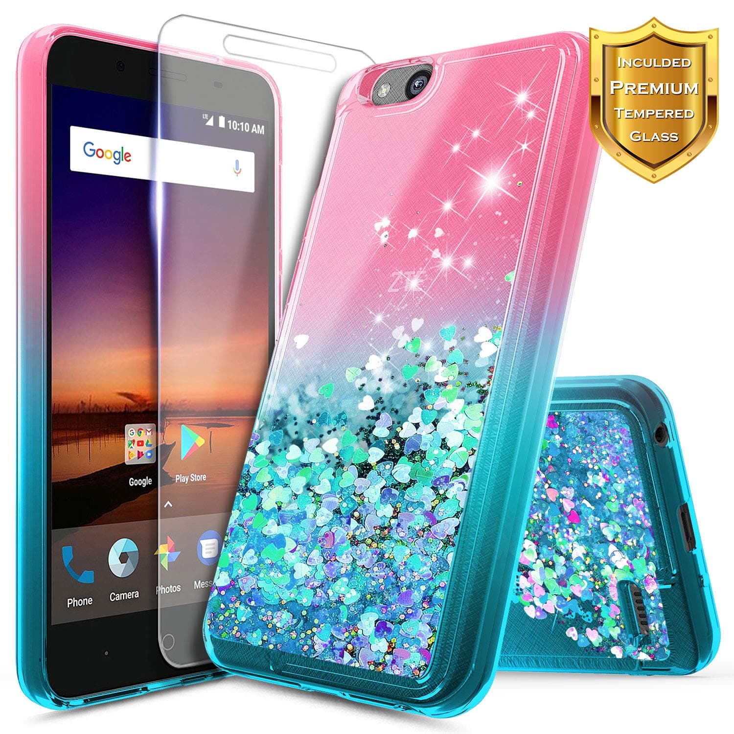 NageBee Glitter Liquid Case Compatible for Blade Vantage/Fanfare 3 /Avid 4 /Tempo X/AVID (557)/ZFive G/ZFive C LTE (Z557BL,Z558VL)/Tempo GO w/[Tempered Glass Screen Protector]-Pink/Aqua