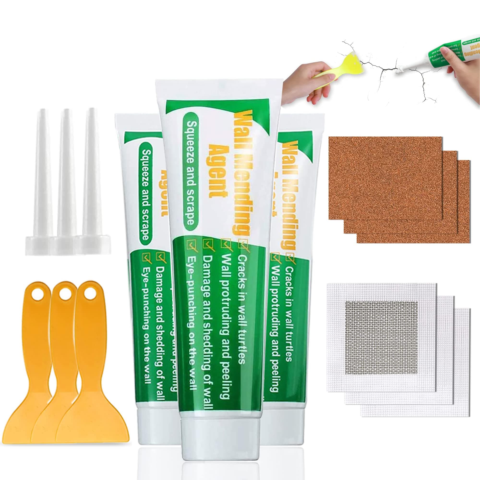 Safemend Wall Mending Agent Drywall Repair Kit With Scraper, Large Hole Patch, Easy to Fill Holes and Quick Crack Repair (3 Set)