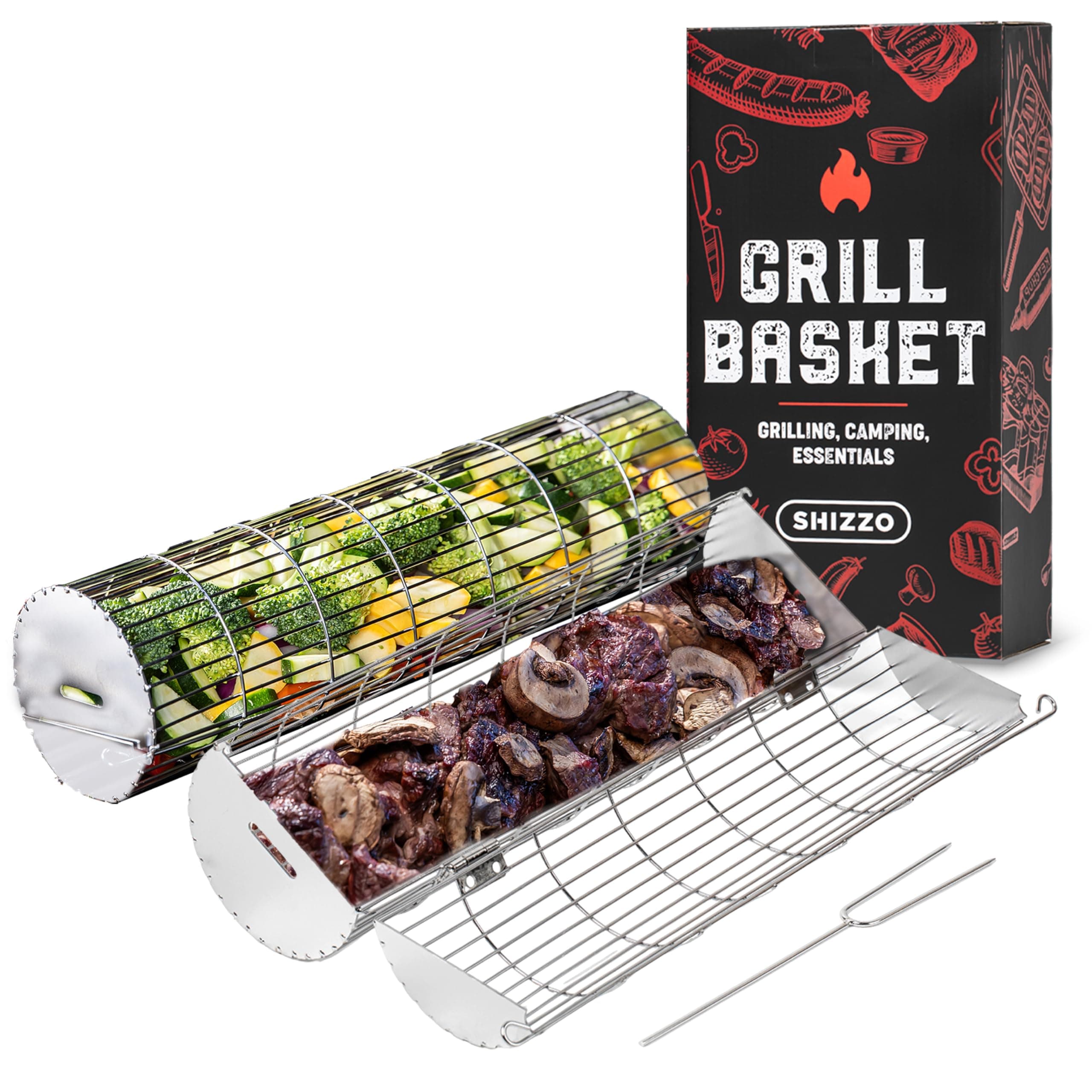 Rolling Grill Basket, New Opening Design, Extra Sturdy Cylinder Grilling Bask...