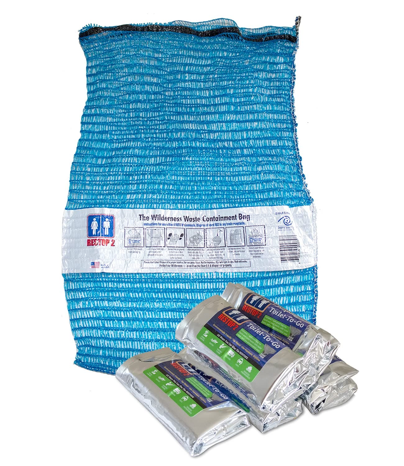 2 Wilderness Kit - 5 Quantity Individually Packaged Portable Toilet Leak Proof Waste Bags Inside of 1 Mesh Tote - Waste Bags Are For Solid (Poop) and Liquid (Pee)