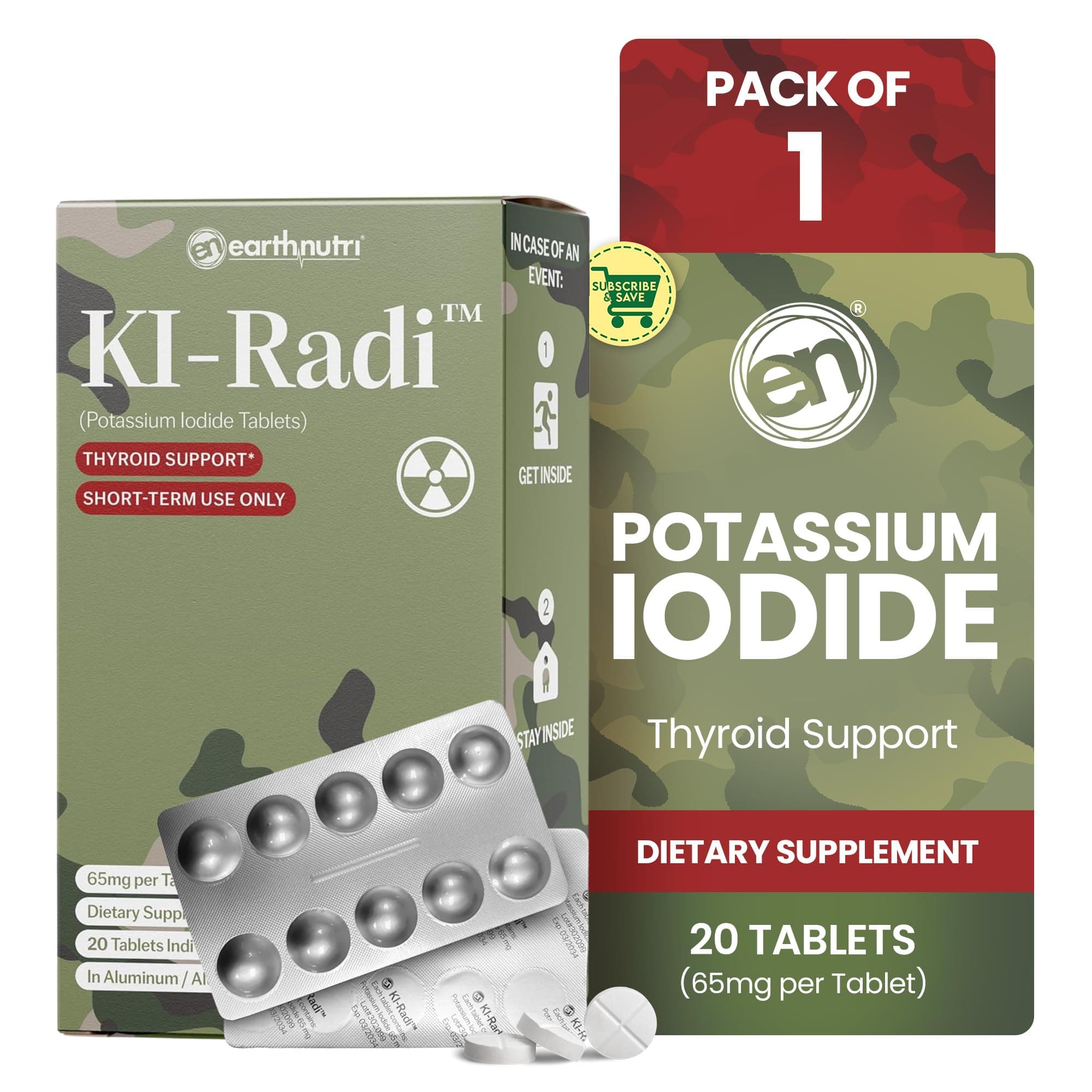 EarthNutri KI-Radi™ Potassium Iodide KI Tablets 65 mg – High Potency Iodine for Thyroid Support, Emergency Preparedness – Potassium Supplement in Foil-Foil Blister Seal – 20 Tablets (1 Pack)