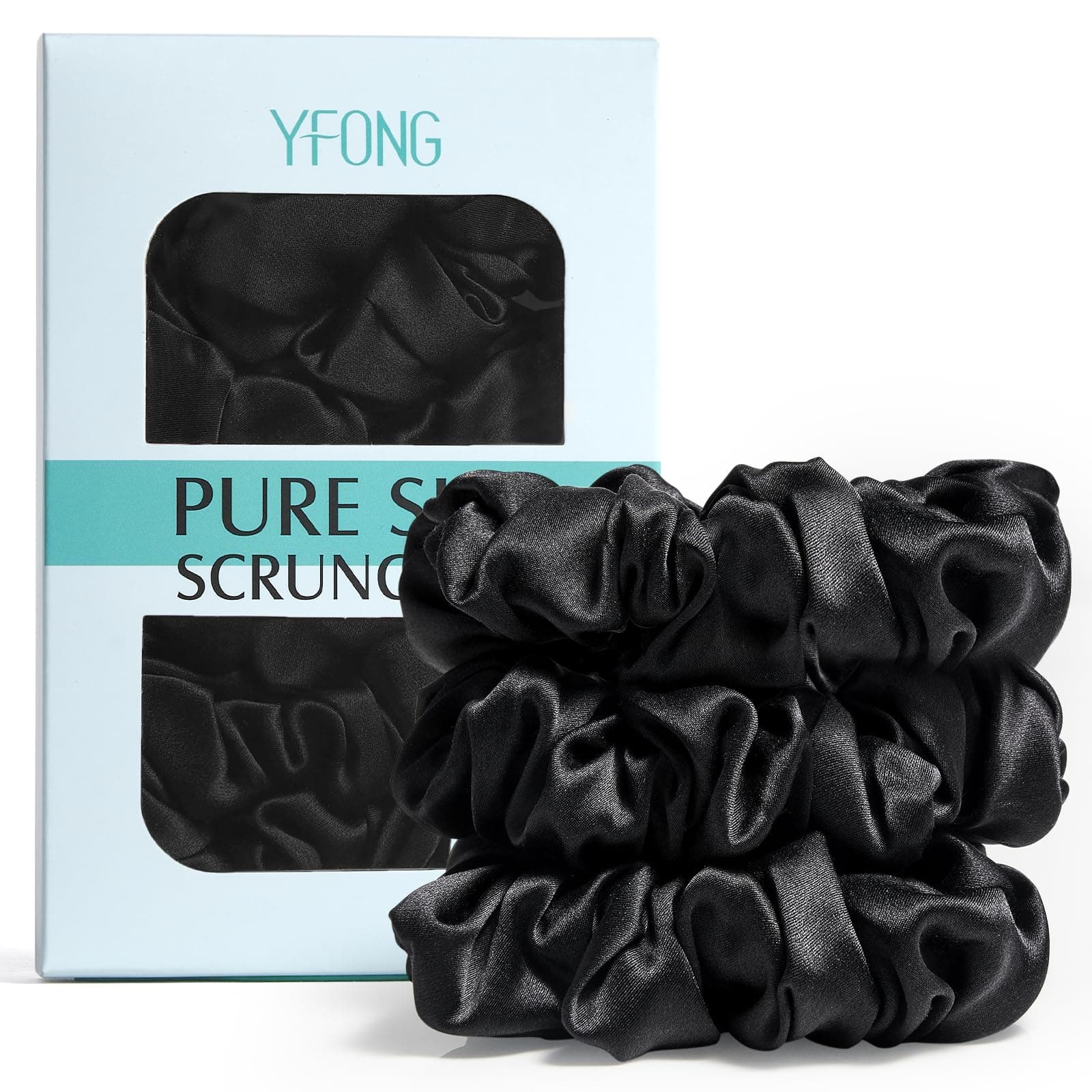 YFONG 3 PCS 100% Silk Scrunchies for Hair Sleep Women Girls, 22 Momme Pure Mulberry Hair Ties for Frizz & Breakage Prevention, Elastic Ponytail Holders Gentle And No hurt (3PCS Black)