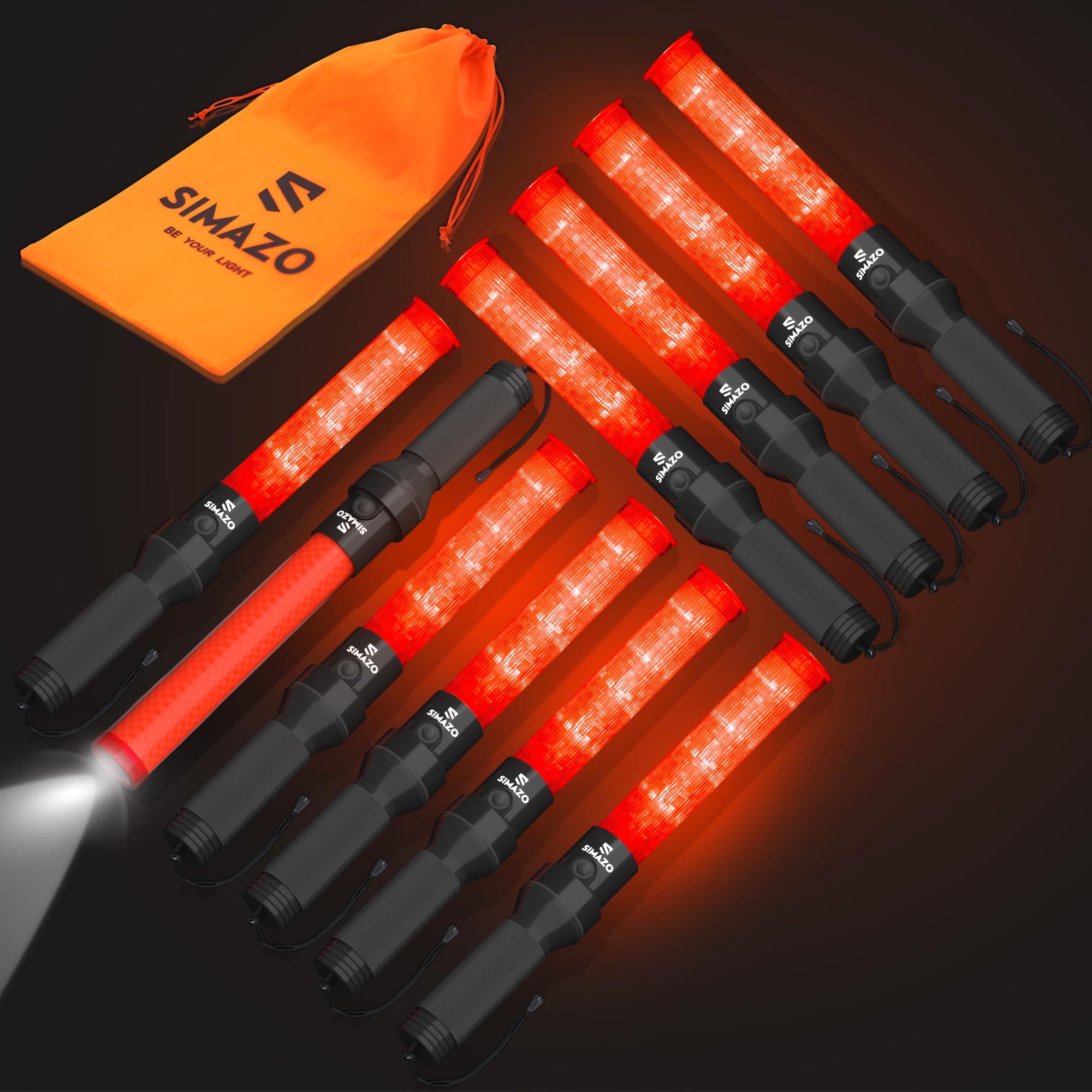 10 Pack Traffic Wand, 16 Inch Traffic Control Wand with White LED on Top, Traffic Safety Signal Baton with 3 Flashing Modes for Parking Guides, Car Directing, Air Marshalling