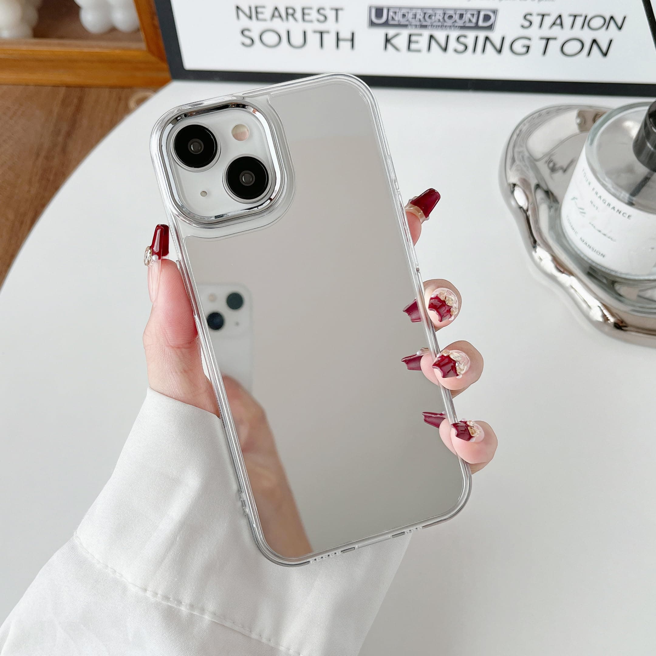 Mirror Case for iPhone 13/iPhone 14, Mirror for Girls Women Makeup, Cute Glossy Hard Back+Clear Soft TPU Bumper Slim Fit Anti-Drop Shockproof Protective Case for iPhone 13/14