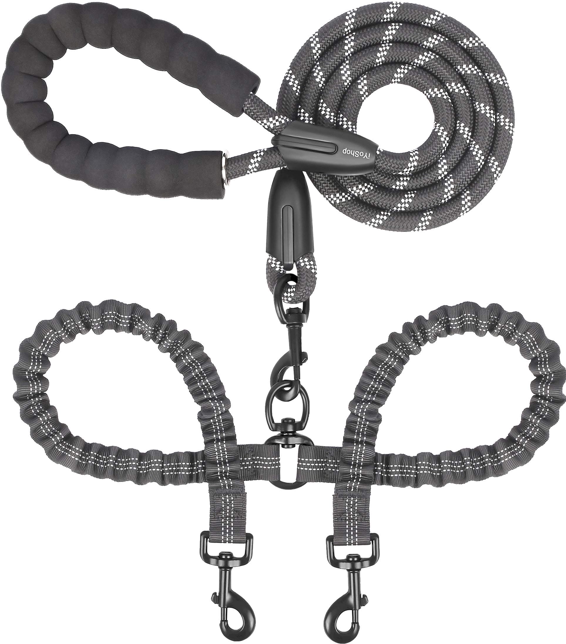 Dual Dog Leash - 360° Swivel, No Tangle Walking Leash with Shock Absorbing Bungee for Two Dogs (Medium, 8-35 lbs, Black)