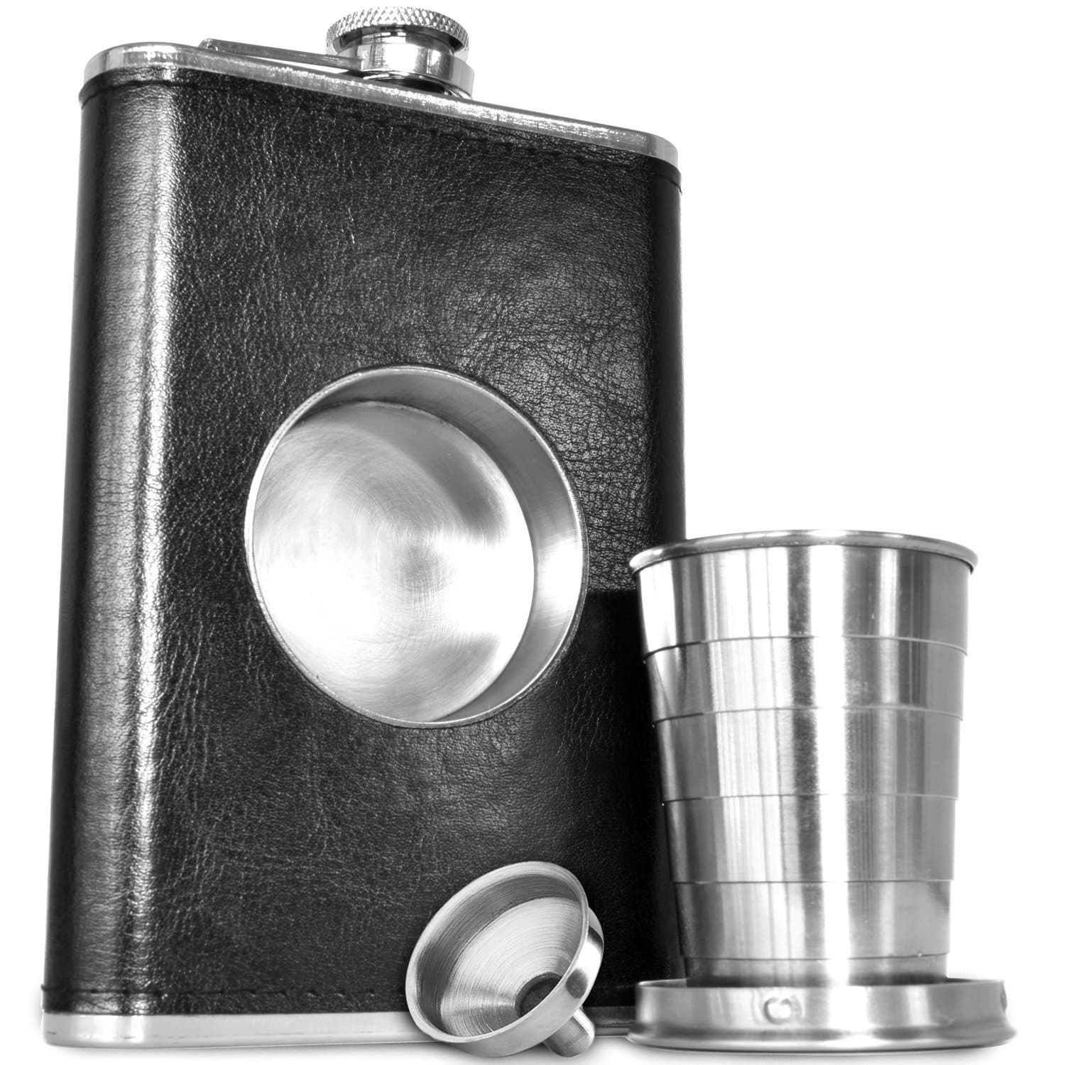 The Premium Shot Flask (8oz) - Includes a Built-in 2oz Collapsible Shot Glass and Bonus Funnel - Leak Proof - Food Grade 304 18/8 Stainless Steel and Faux Leather Wrap by Future Hydrate (Black, 8 oz)