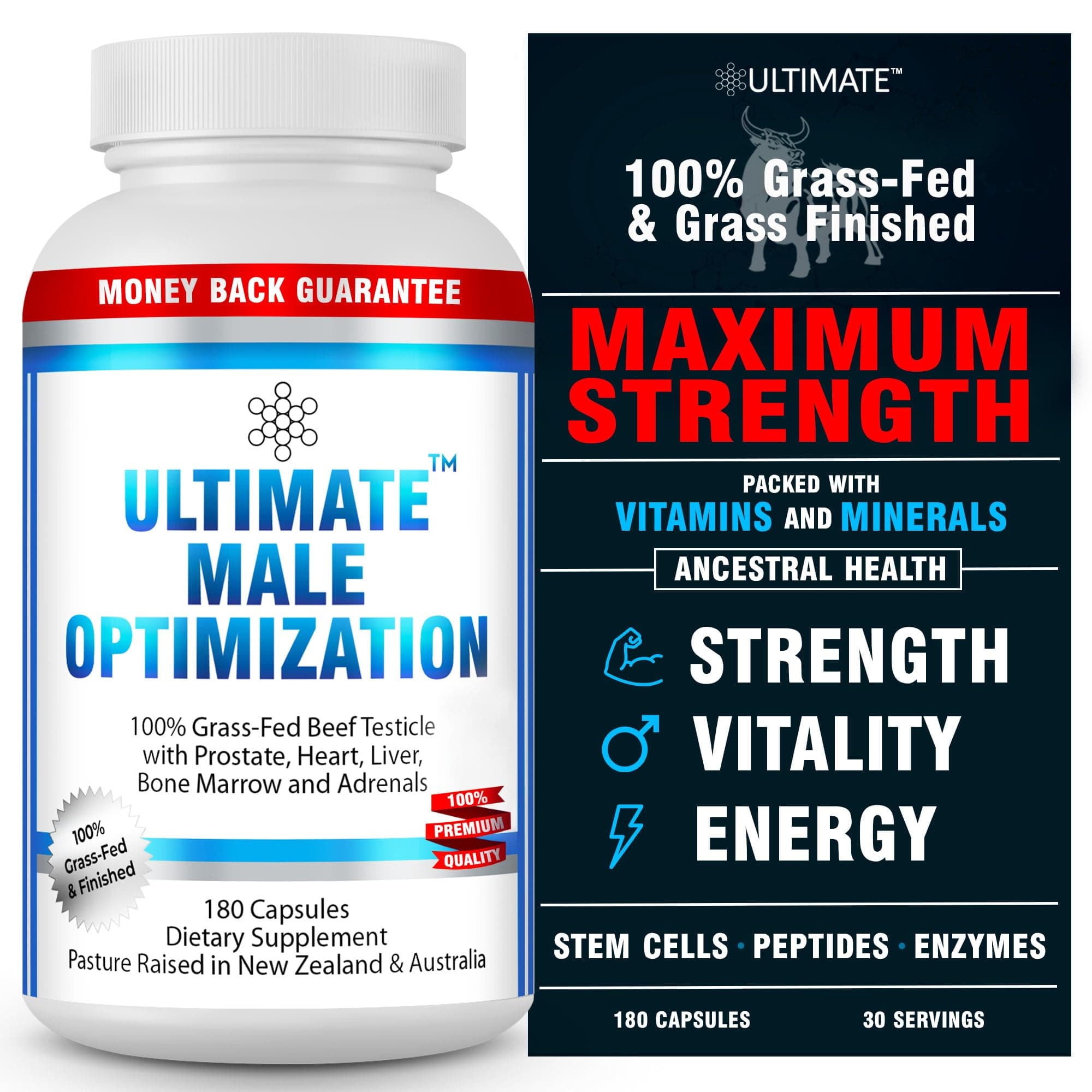 Male Optimization 100% Grass Fed Beef Organ Supplement - Supports Test, Energy & Overall Men's Health & Wellness - Non-GMO Grass Fed Beef Organ Supplement with Liver, No Fillers 180 Capsules