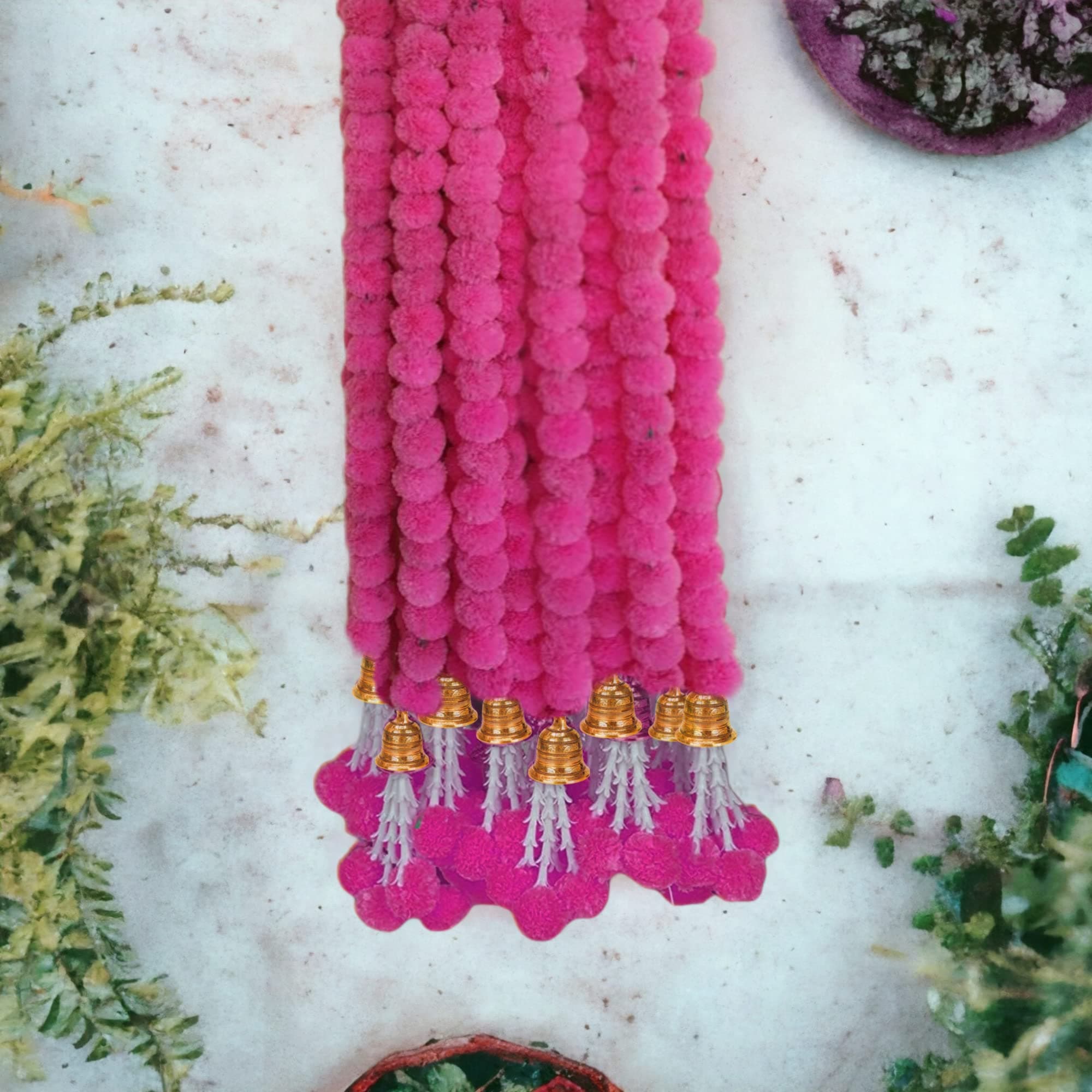 10Ps Handmade Artificial Marigold Flower Garland for Door Decoration Toran Genda Phool for Wedding/Festivals Diwali Christmas with Bells and Rajnignadha (Pink, 5 Ft,10Pc), 152 CM