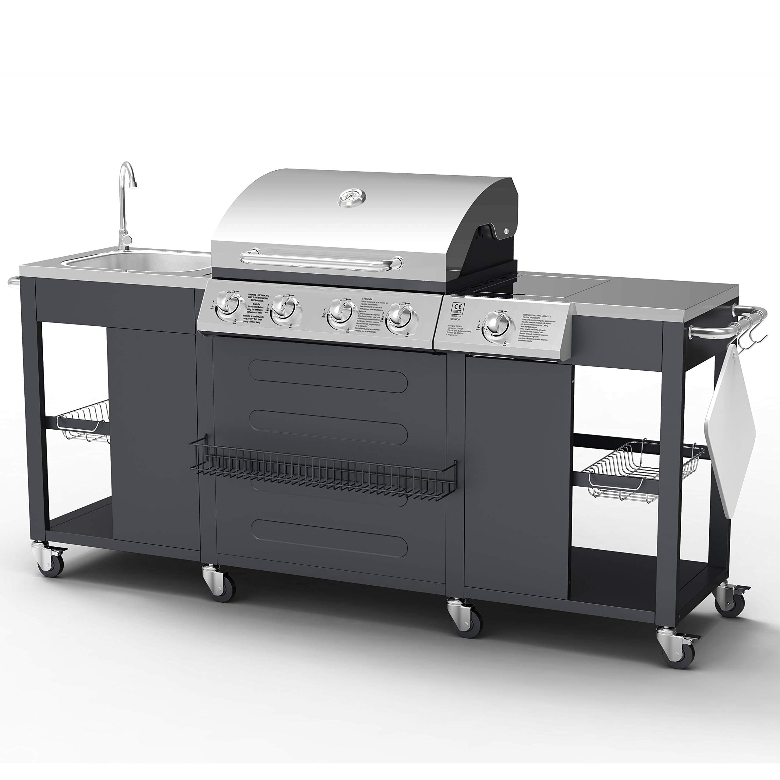 BillyOh Gas BBQ Grill 4 Burner + Side Burner with Kitchen Sink | Stainless Steel Gas Barbecue with Side Table Storage and BBQ Cover | Cooking Outdoor Garden Portable BBQ Alabama | Silver